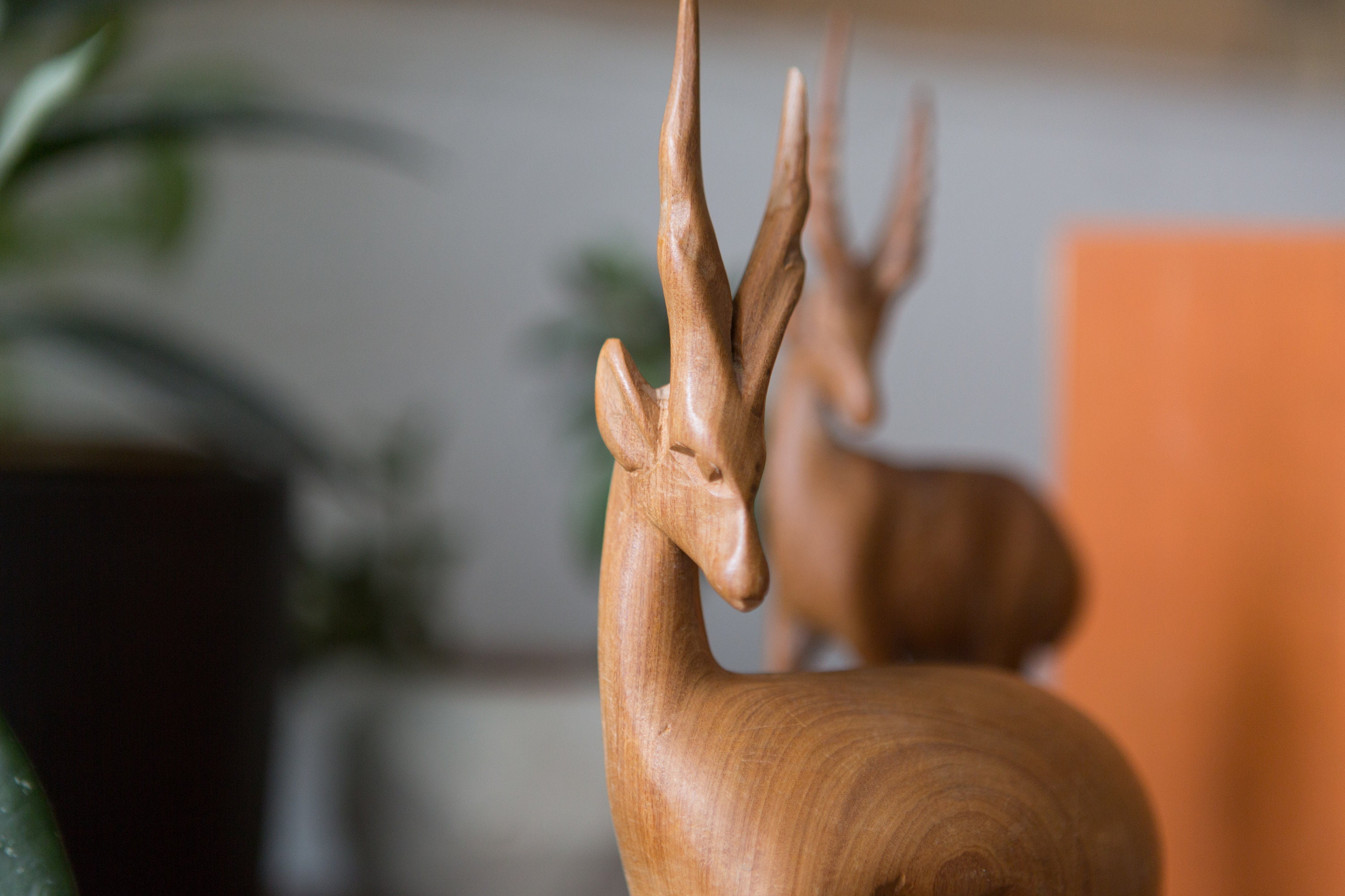 Vintage Deer Statues Mid Century Modern Gazelle Artwork Hand Carved