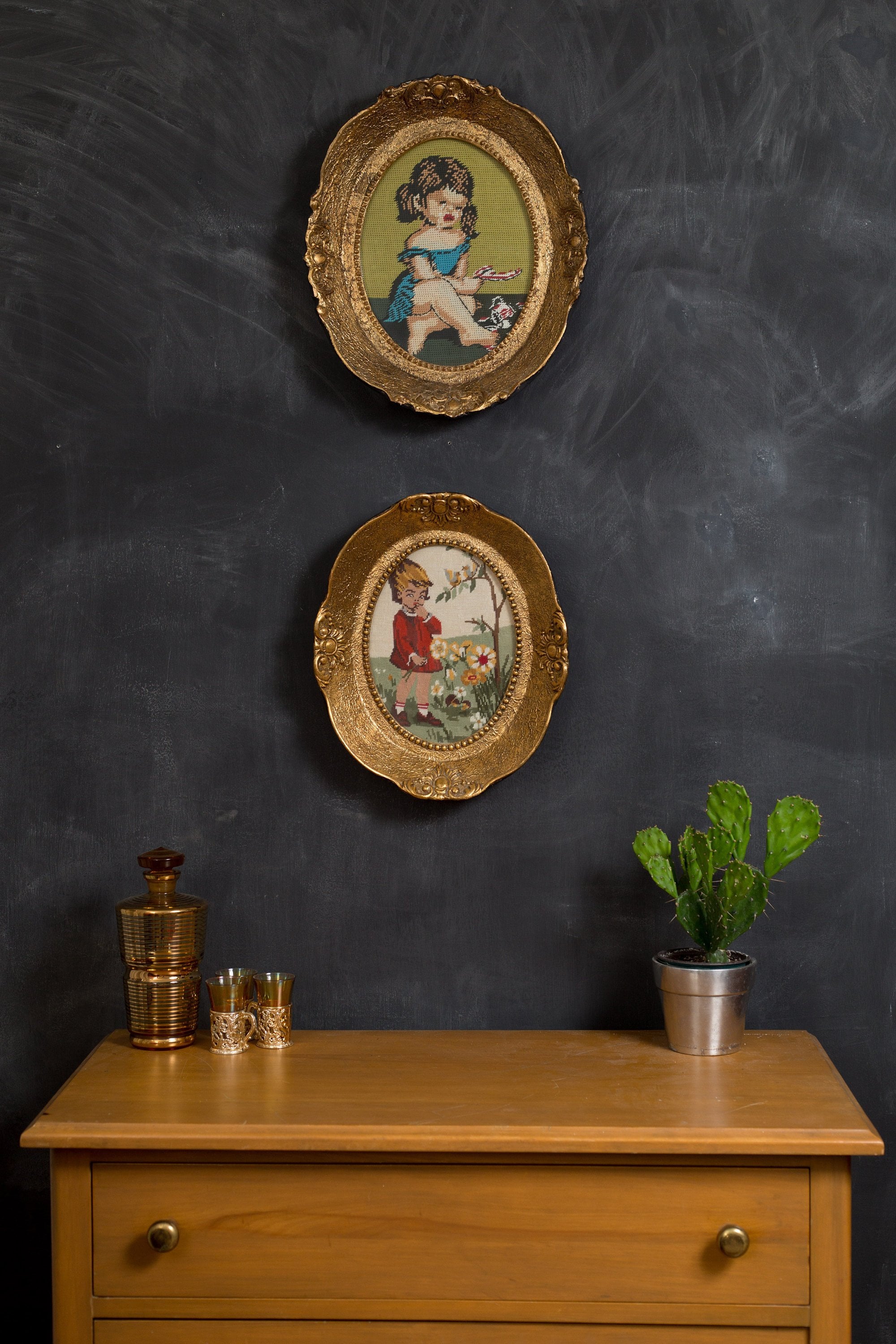 Vintage Latch Hook Artwork Pair of Gold Colored Oval Framed