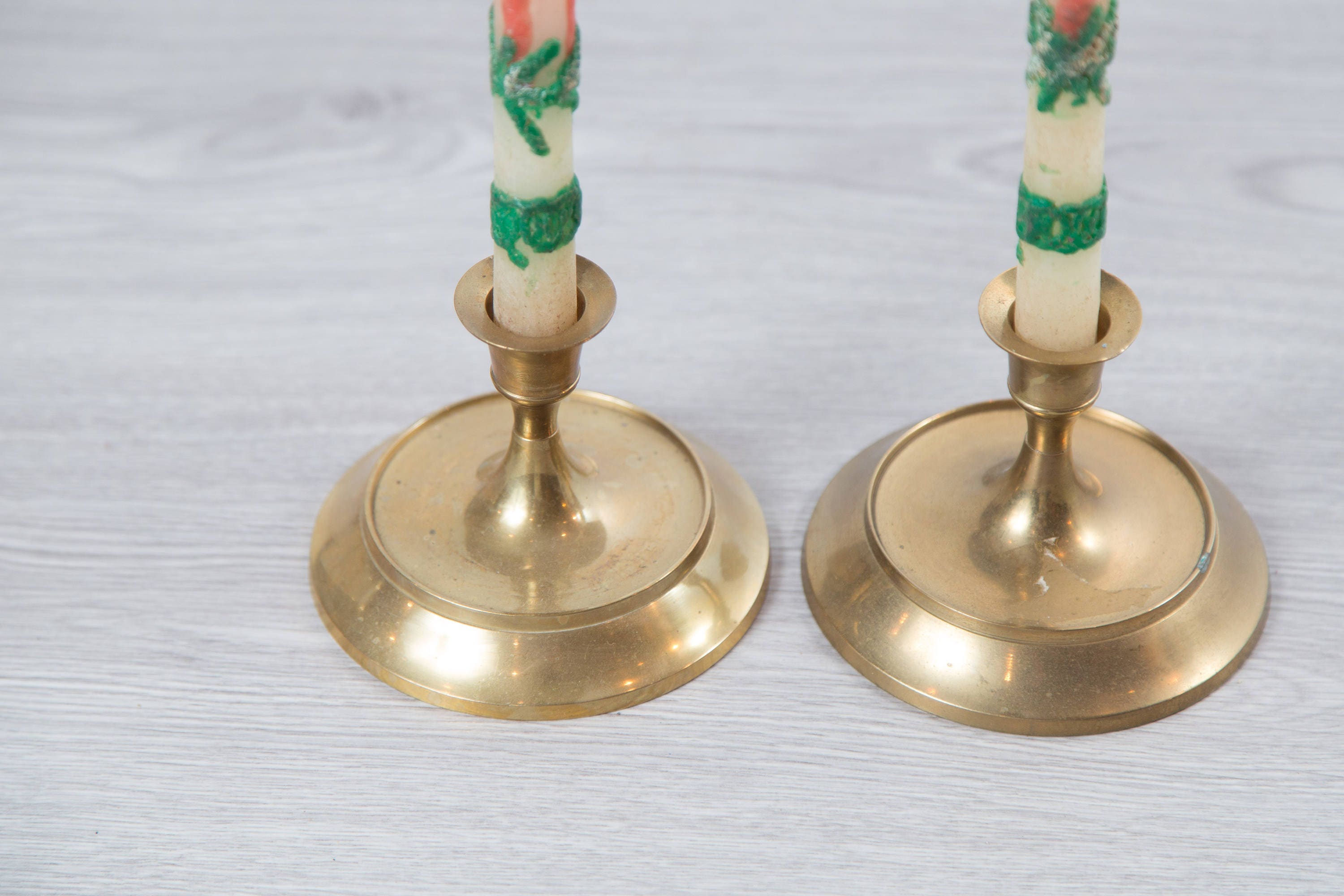 Pair of Vintage Brass Candlestick Holders with Vintage Christmas