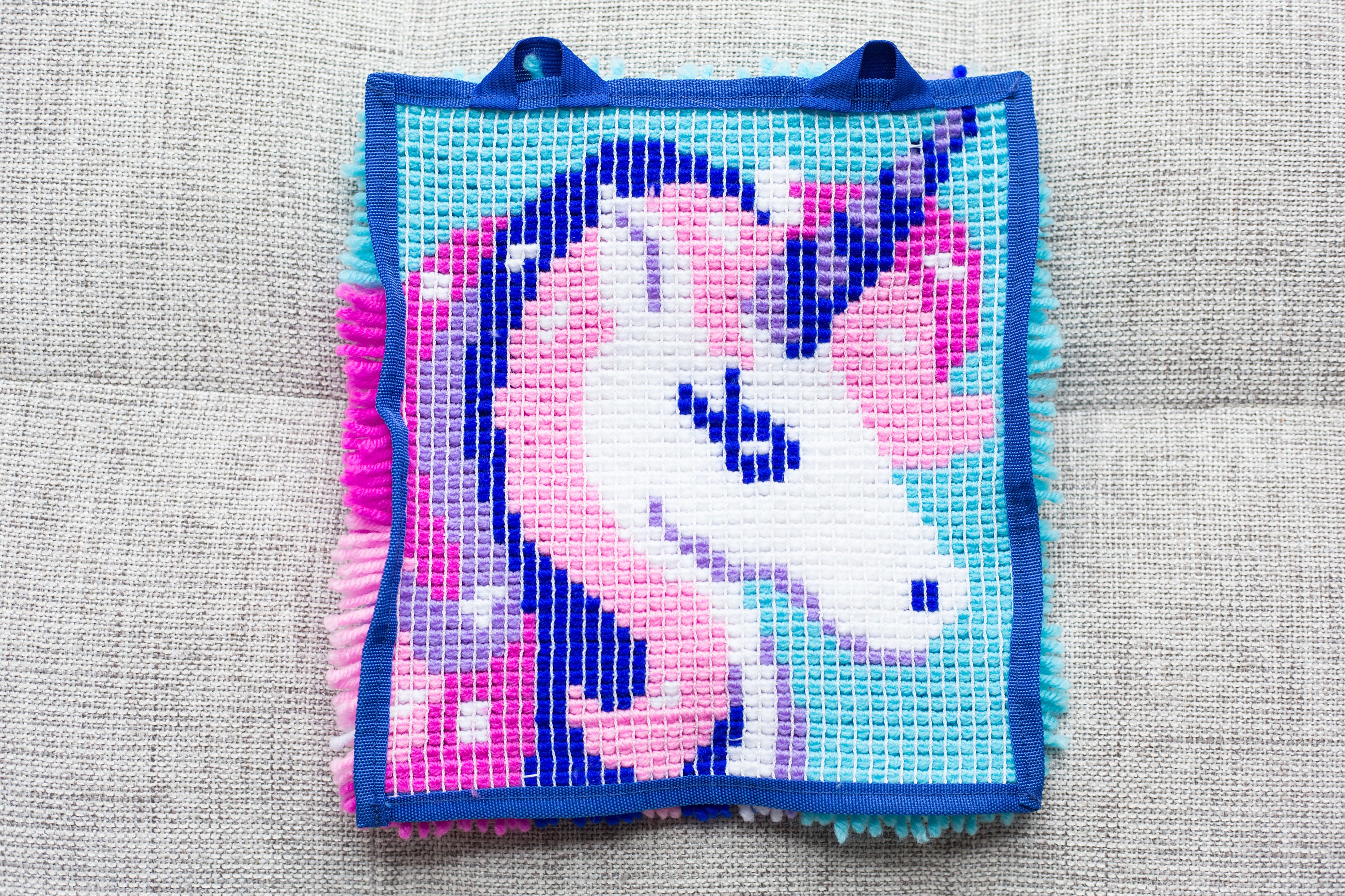 Vintage Unicorn Needlepoint Artwork 11x11 inches Pink Purple and Blue
