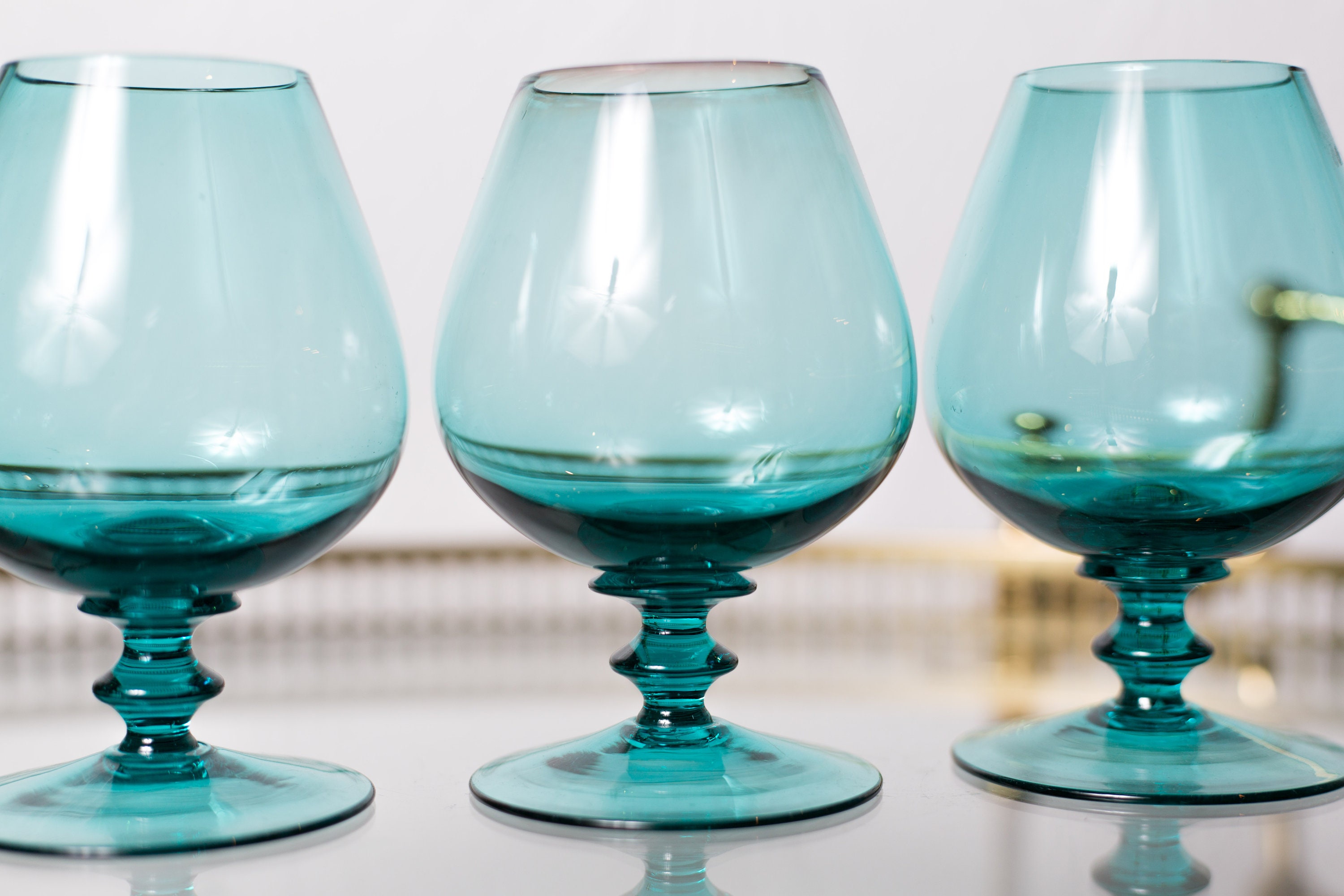 4 Aqua Blue Bar Glasses 8oz Small Vintage Tulip Shaped Stemware