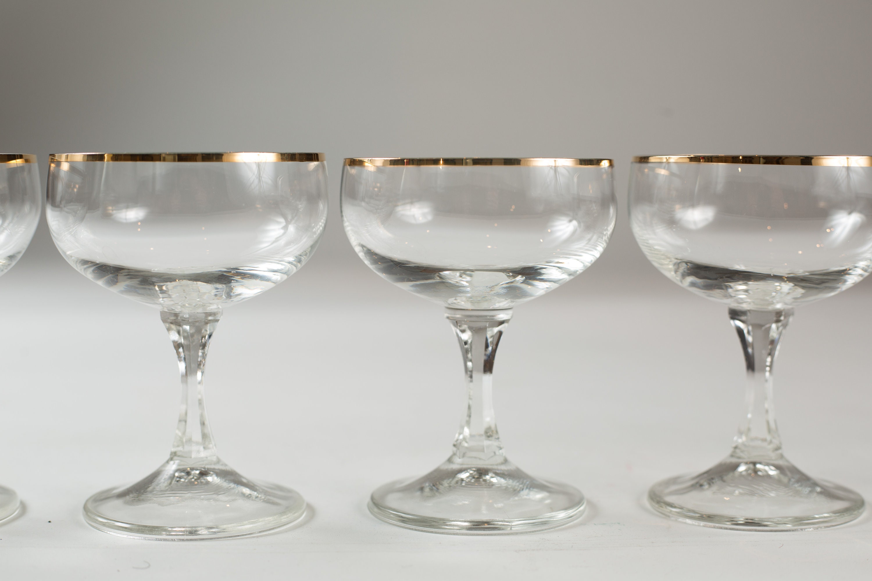 8 Champagne Coupe Glasses with Gold Rims 6oz Mid Century Modern