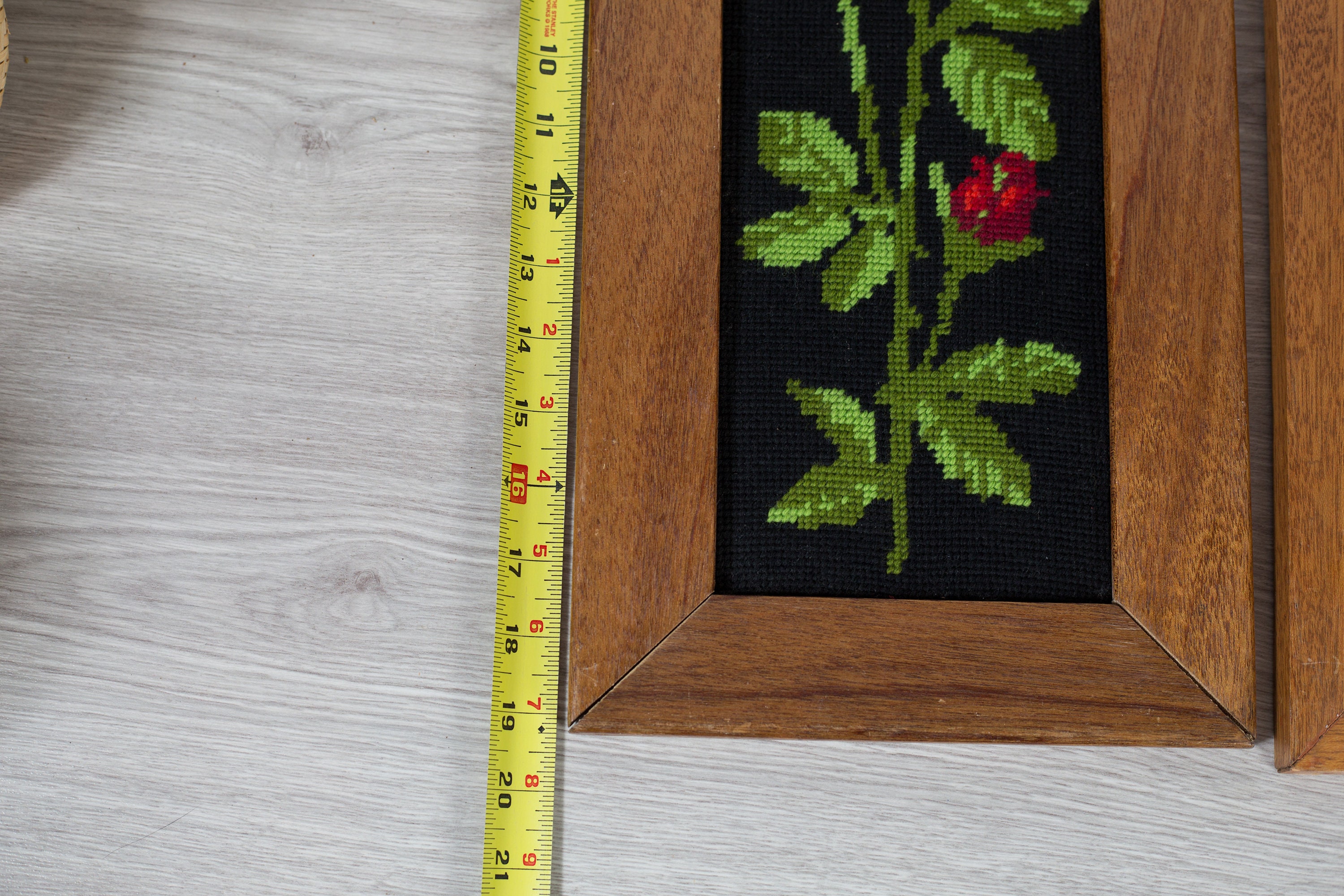 Vintage Floral Needlepoint Artwork - Pair of Black Backdrop Wood Framed