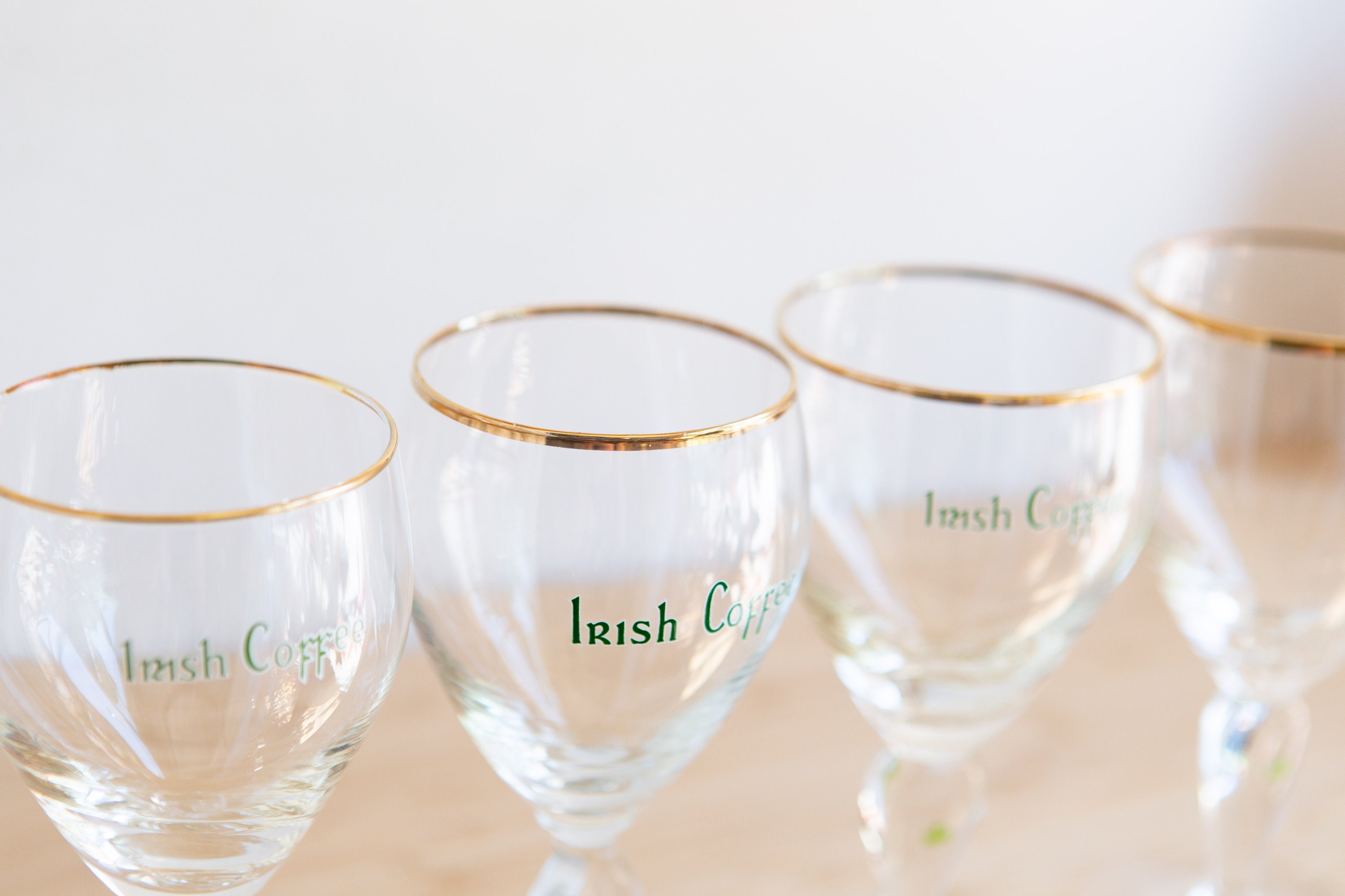 4 Irish Coffee Glasses Vintage Gold Rim Lucky Charm Specialty Coffee Stemware Father's Day