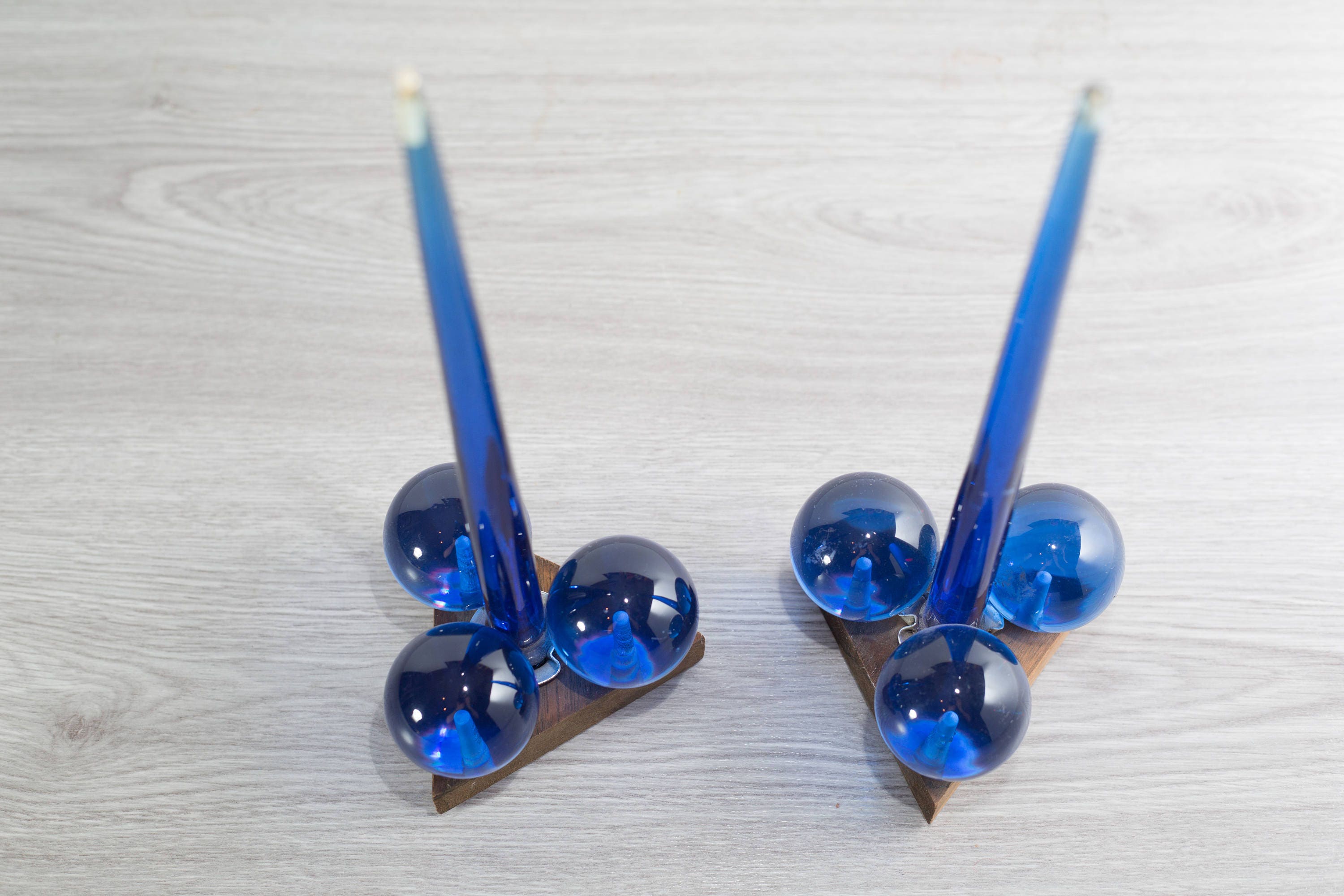 Resin Candles with Balls / Pair of vintage Blue Resin Decorative