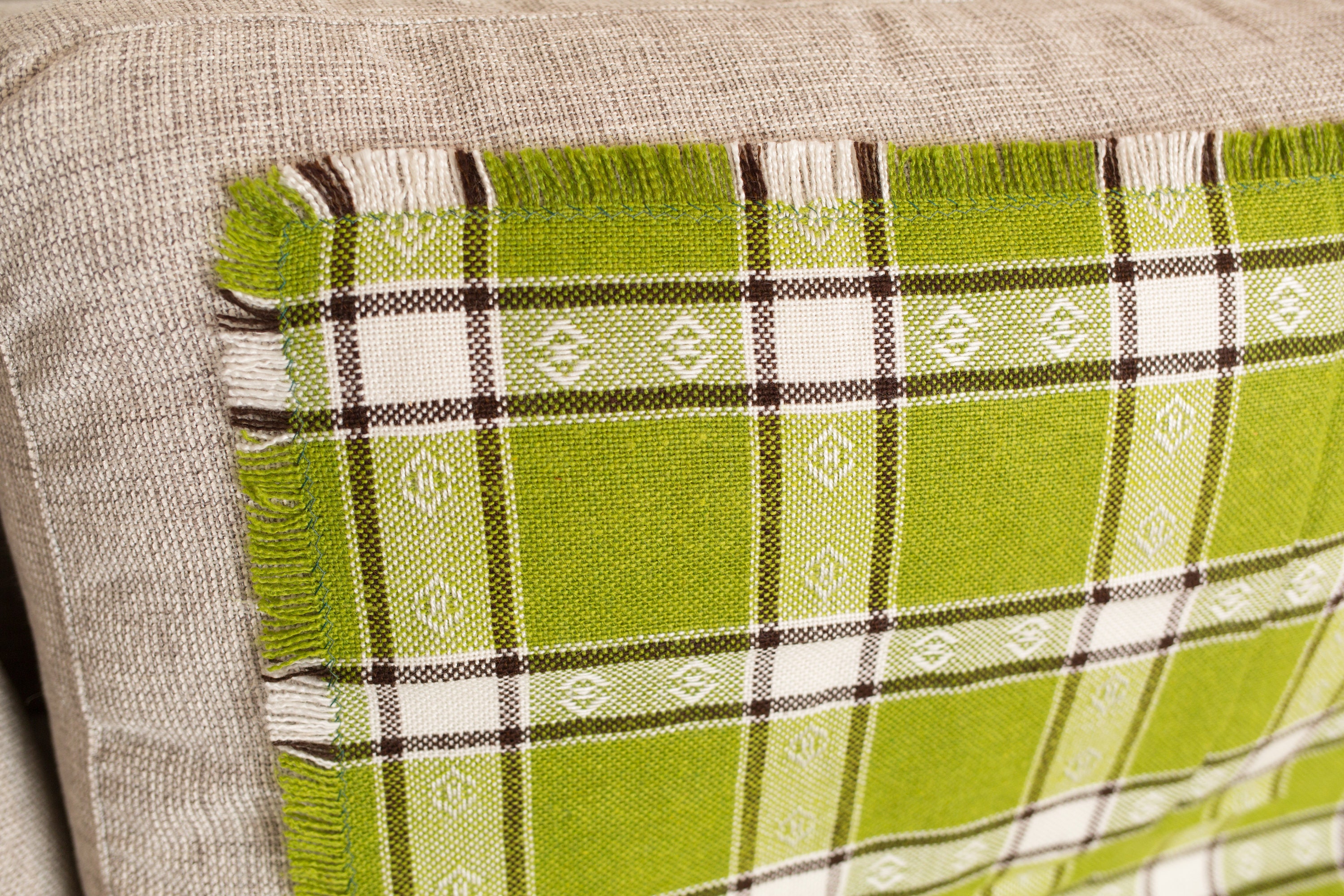 Vintage Tea Towel Irish Linen Fabric Cloth with Green and Cream Checkered Pattern