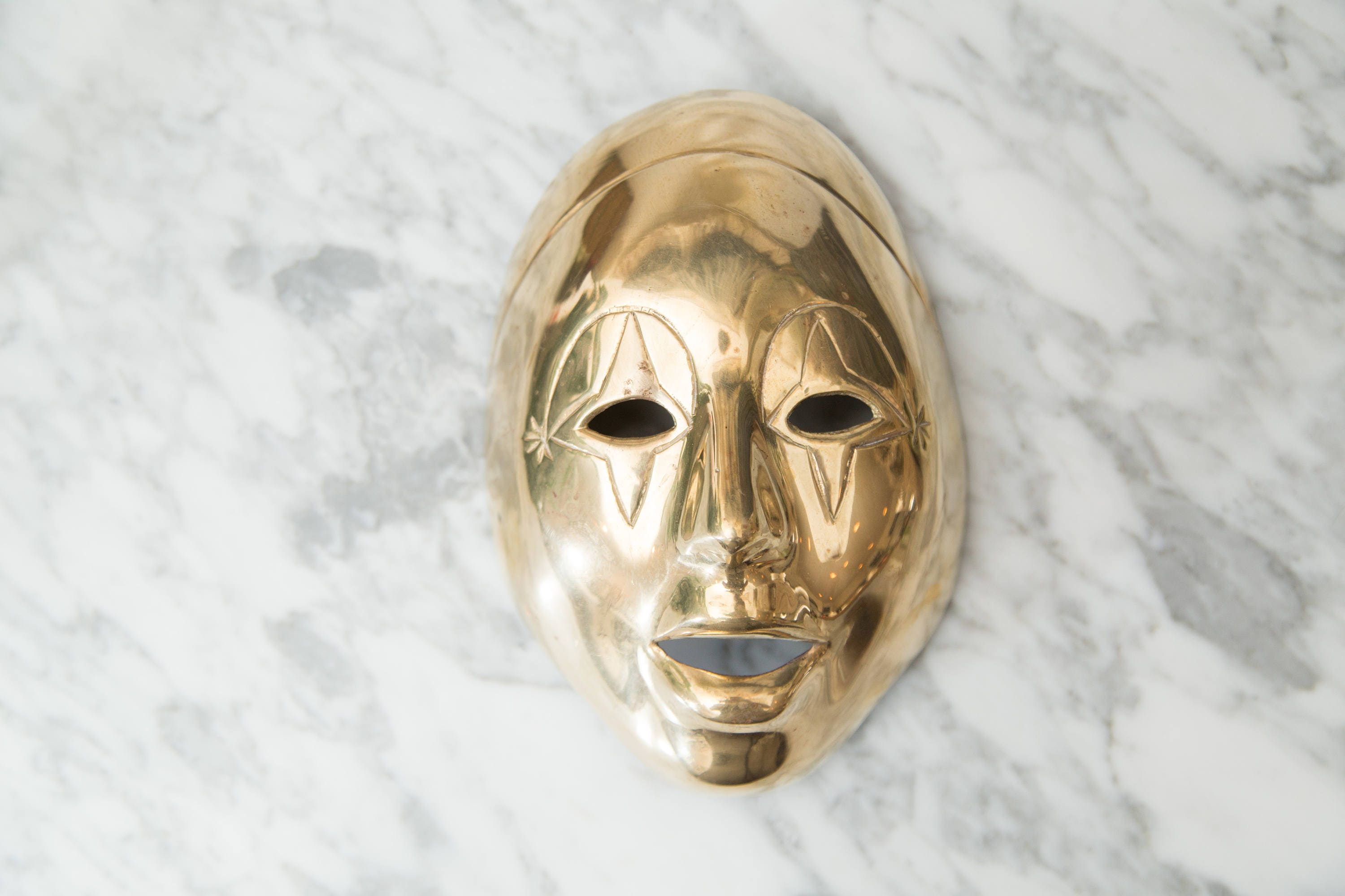 Vintage Brass Mask Gold Colored Wall Hanging Face Mid Century