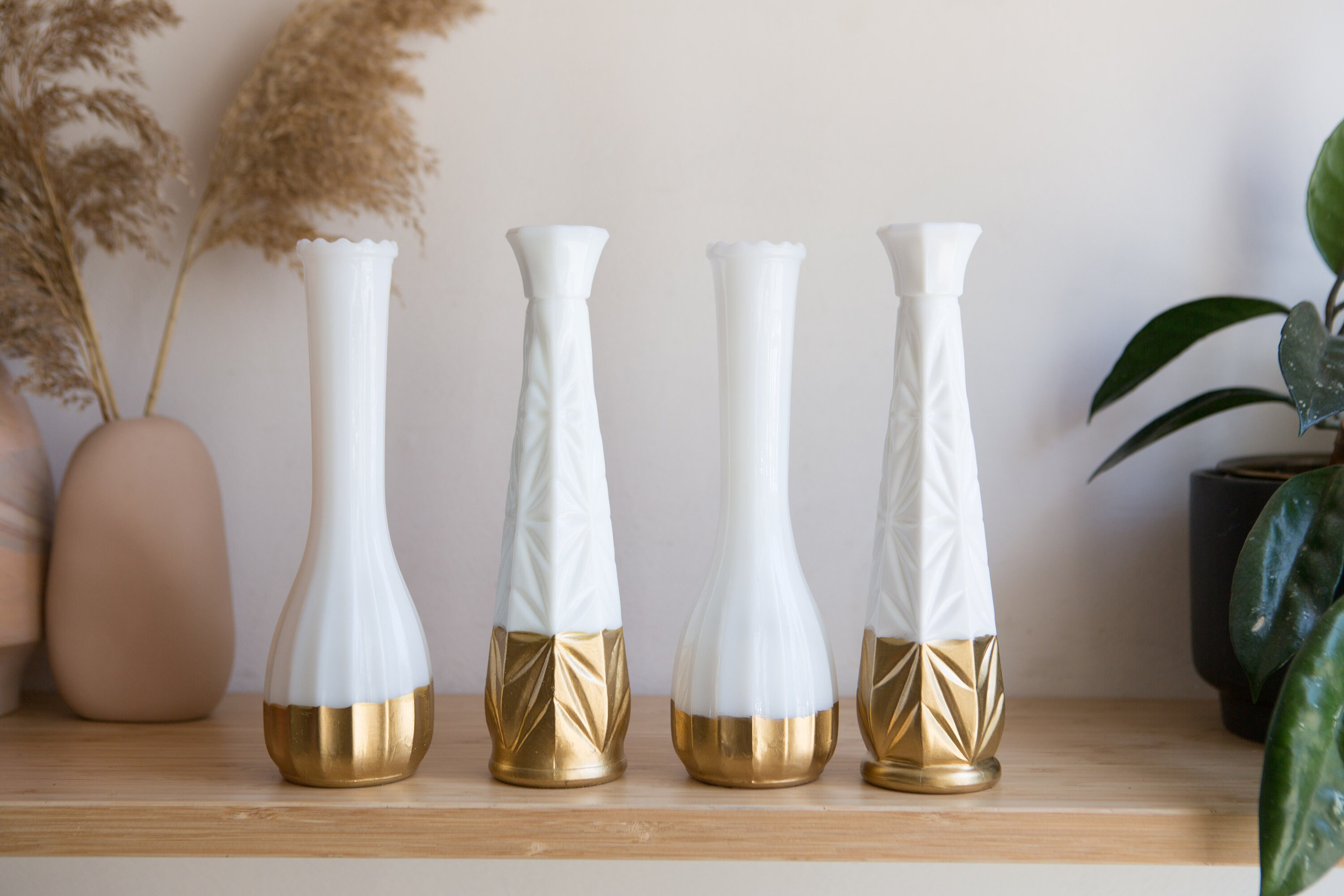 9 Gold Dipped Vases Vintage Geometric White Milk Glass Vases Mid
