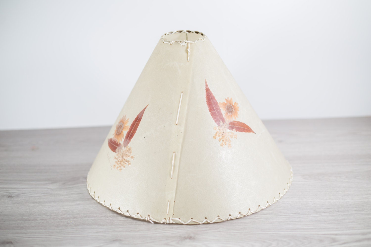 Vintage Parchment Lampshade with Pressed Brown Leaves and Flowers