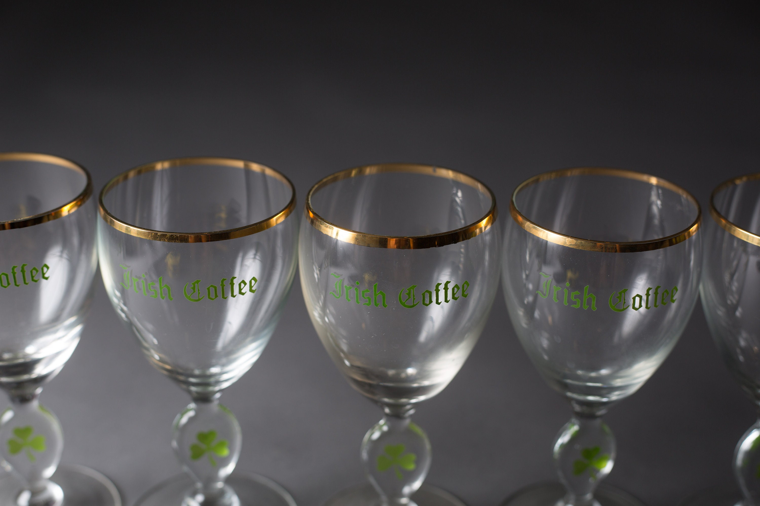 Irish Coffee Glass Vintage Gold Rim Four Leaf Clover Specialty Coffee Stemware Mid Century