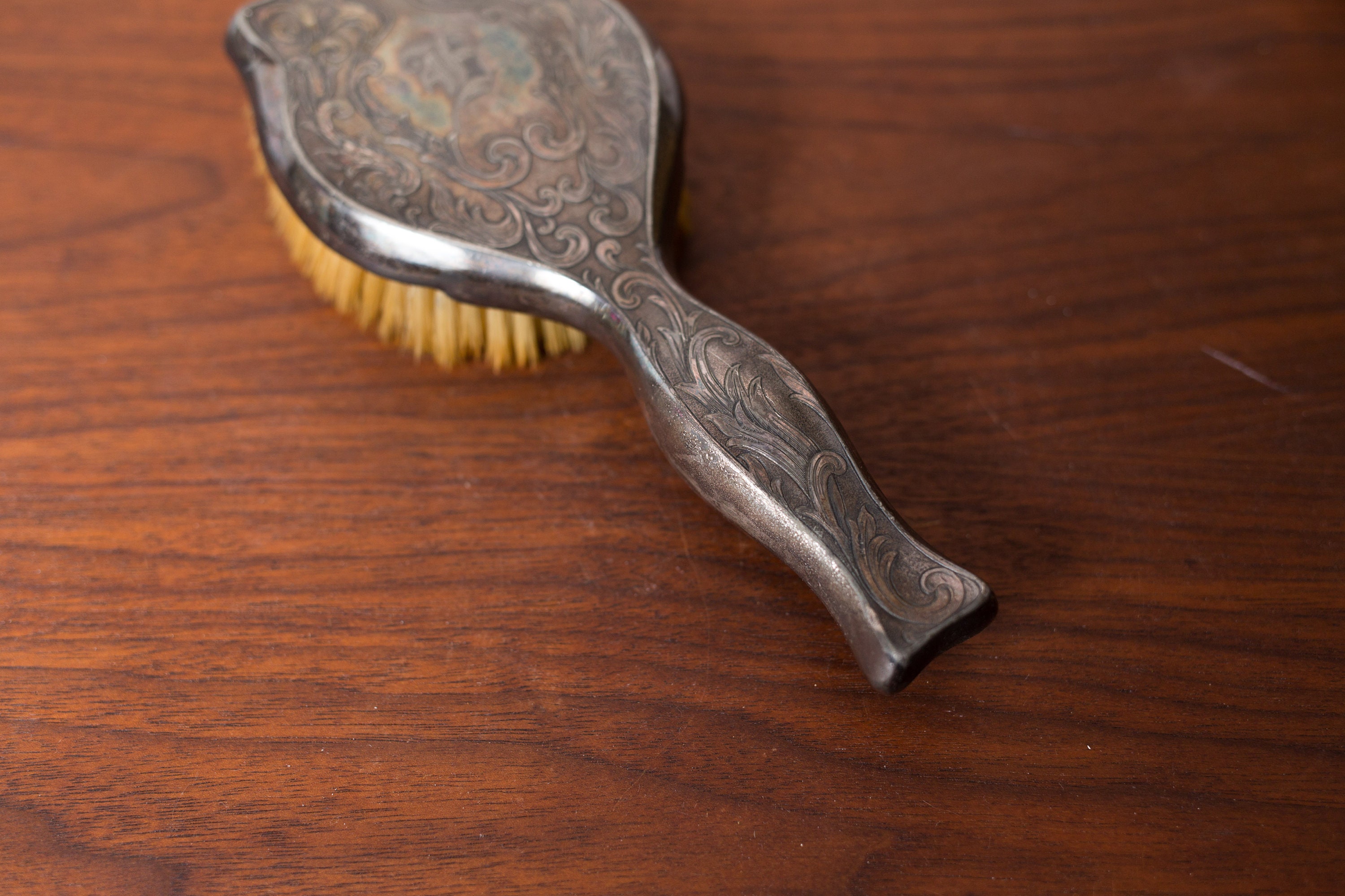 Vintage Hair Brush Silver Plated Ornate Floral Damask Leafy Metal