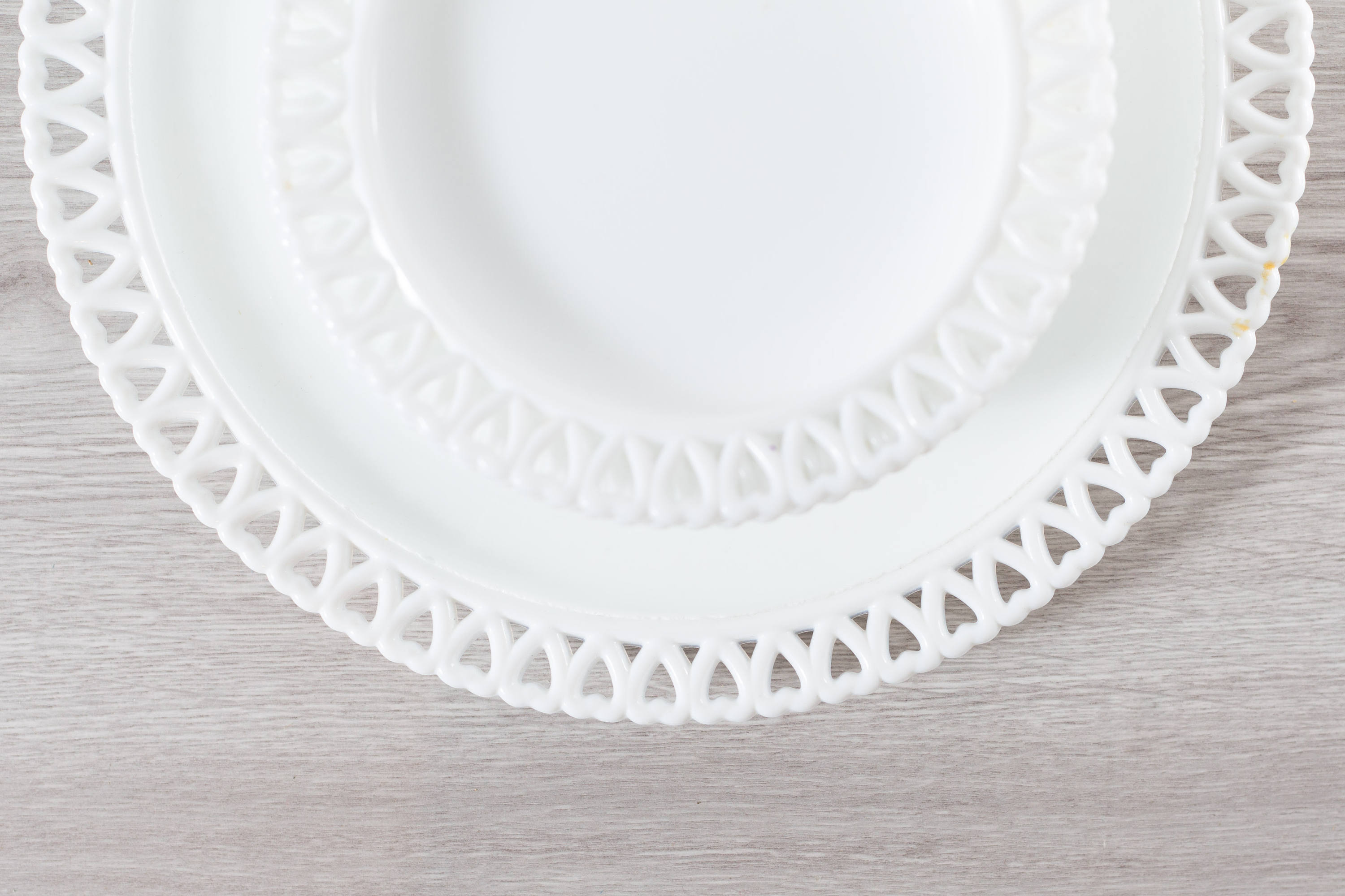 Milk Glass Plates / Open Heart Lace Edge White Serving Plates / Cake or