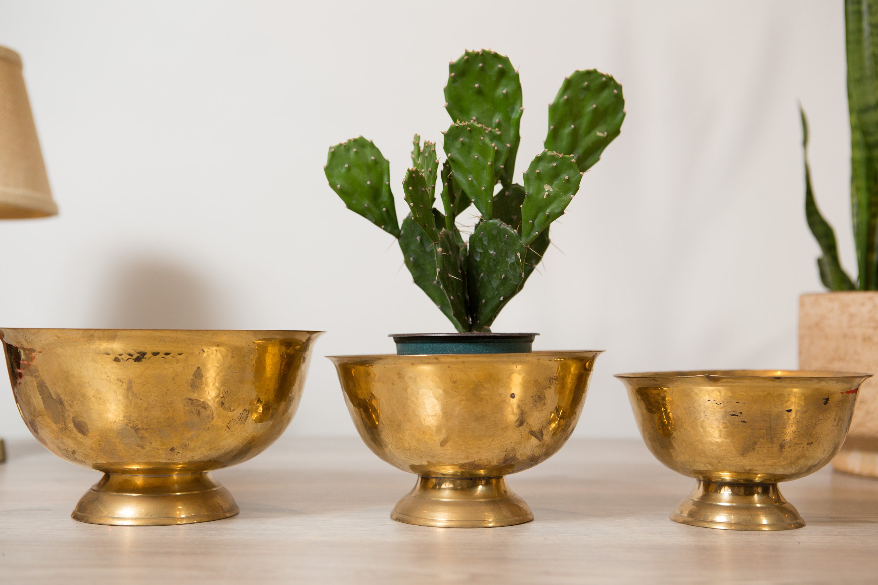 3 Vintage Brass Planters Round Metal Hammered Bras Pots for
