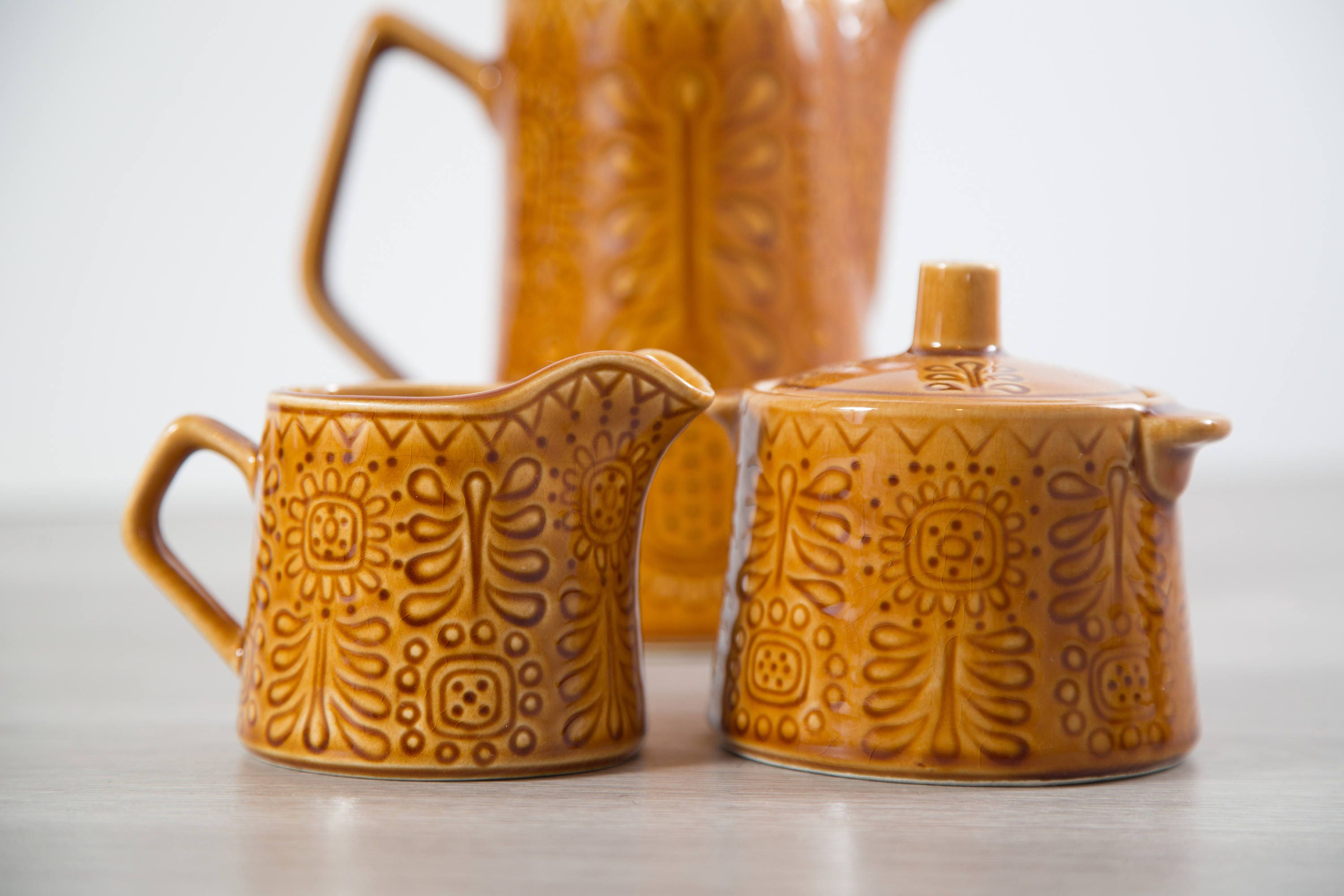Vintage Teapot Set / Boho Earthtone Amber Colored Ceramic Tea Pot