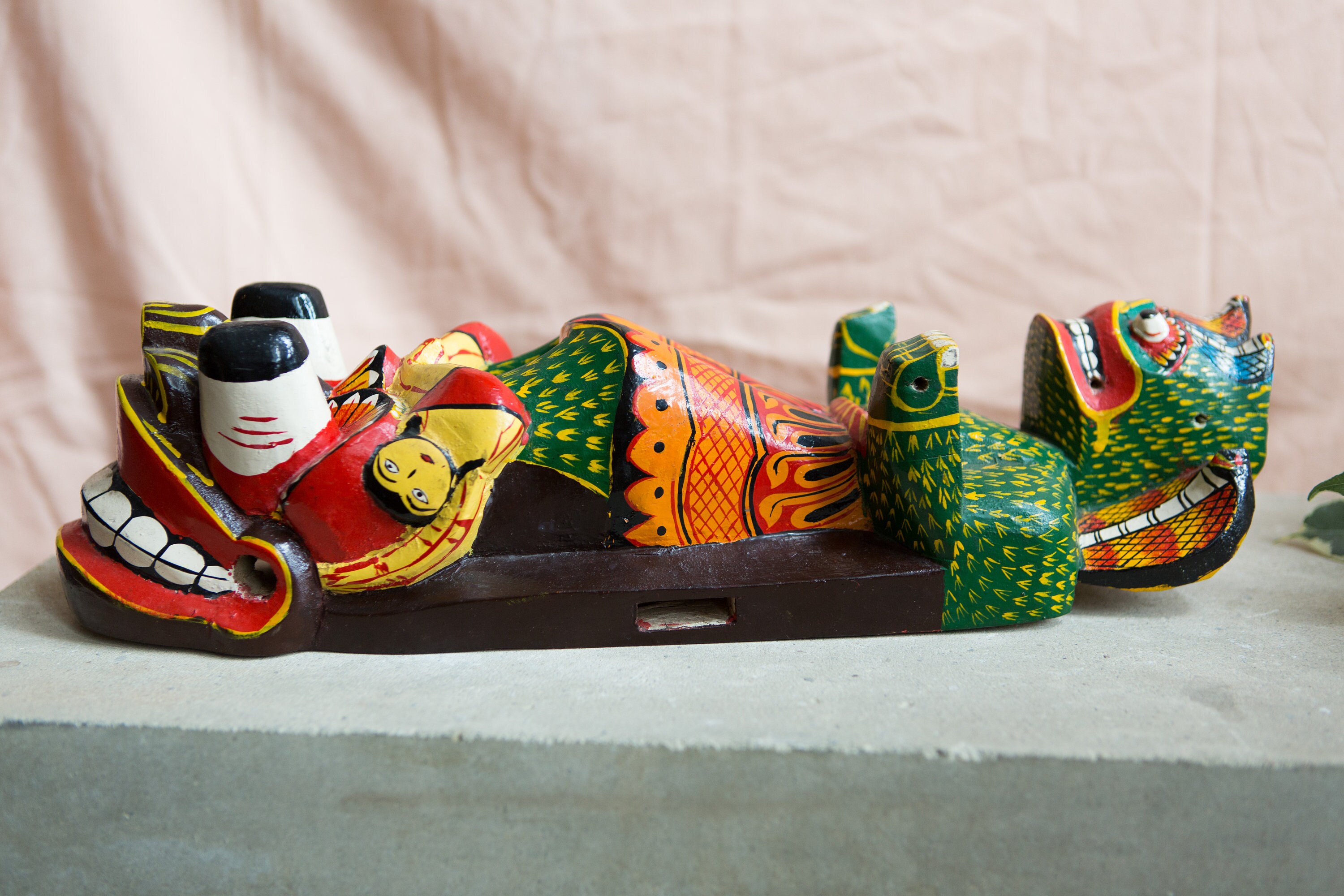 Wood Totem Wall Hanging Handcarved and Painted Sri Lankan Cobra Mask Sculpture Red and Green