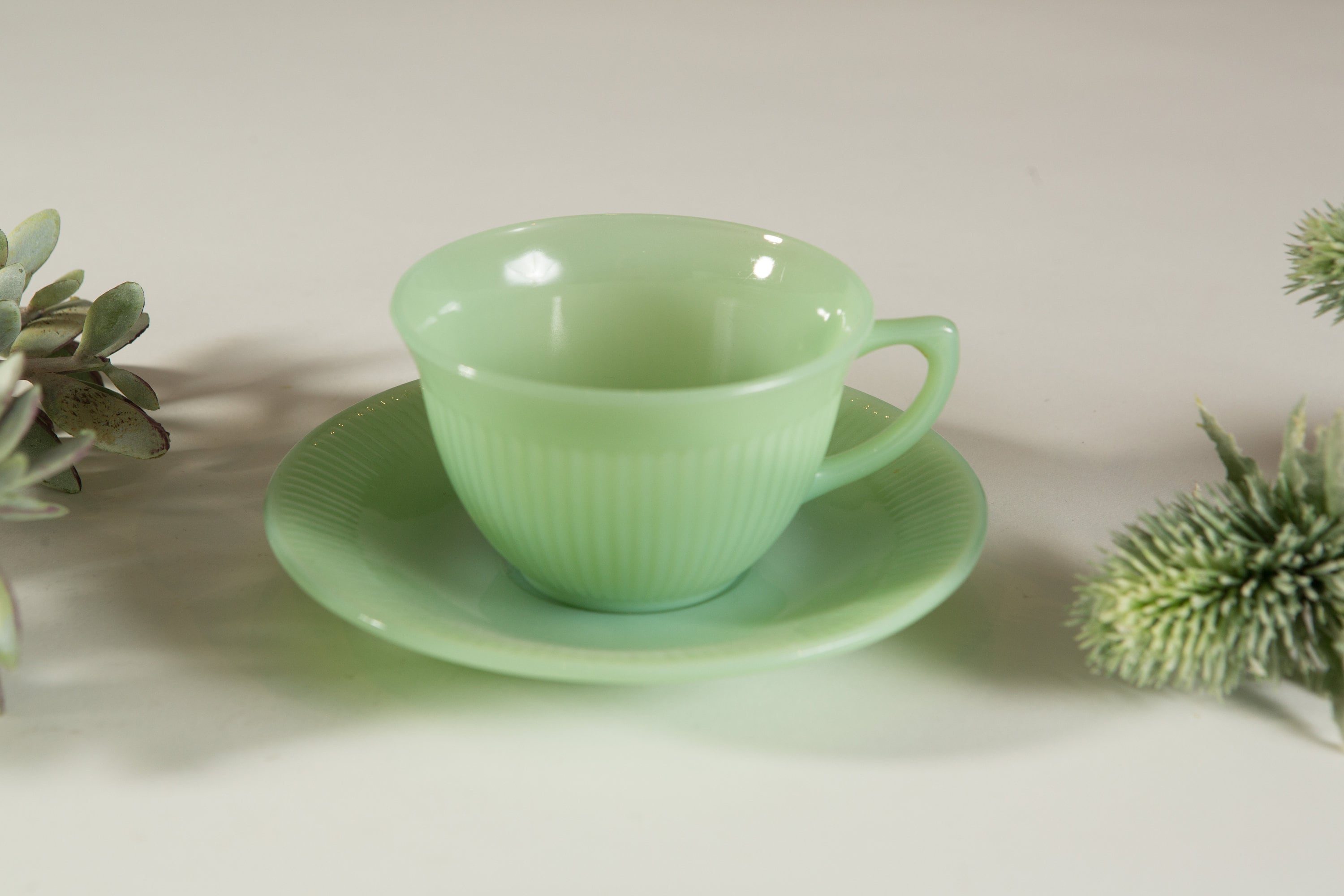 Vintage Jadeite Mugs Green Milk Glass Mugs and Saucers 8oz Coffee