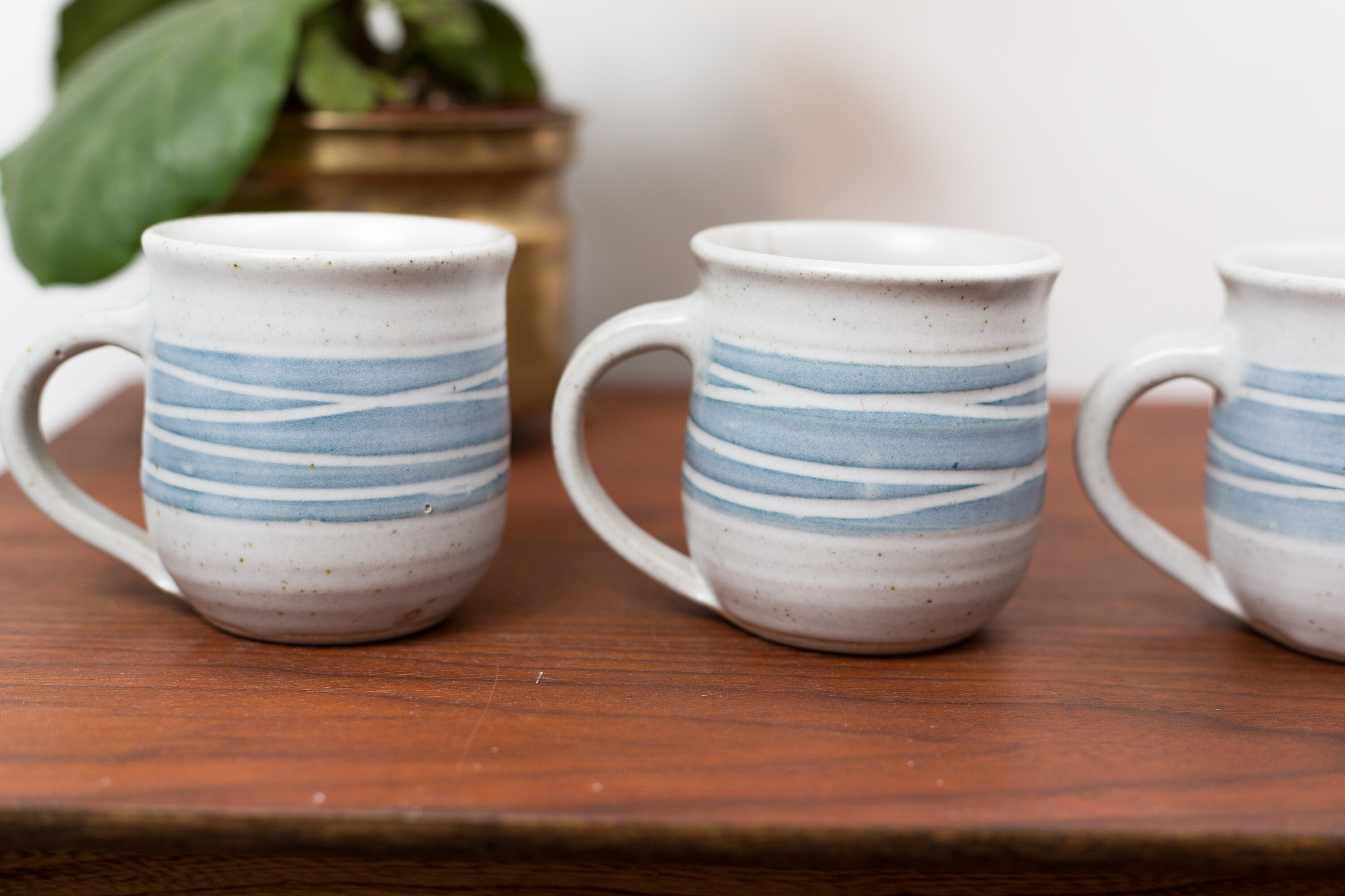 4 Vintage Ceramic Coffee Mugs with Creamer and Sugar HansenRoss Blue Grey Geometric Stripe