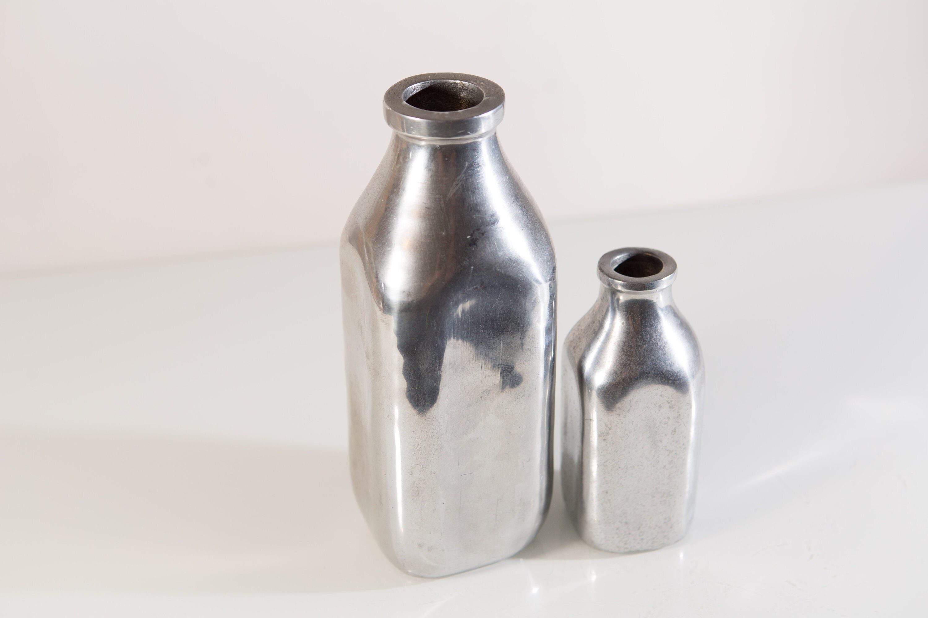 2 Pewter Milk Bottles Vintage Decorative Metal Vased Farmhouse Decor