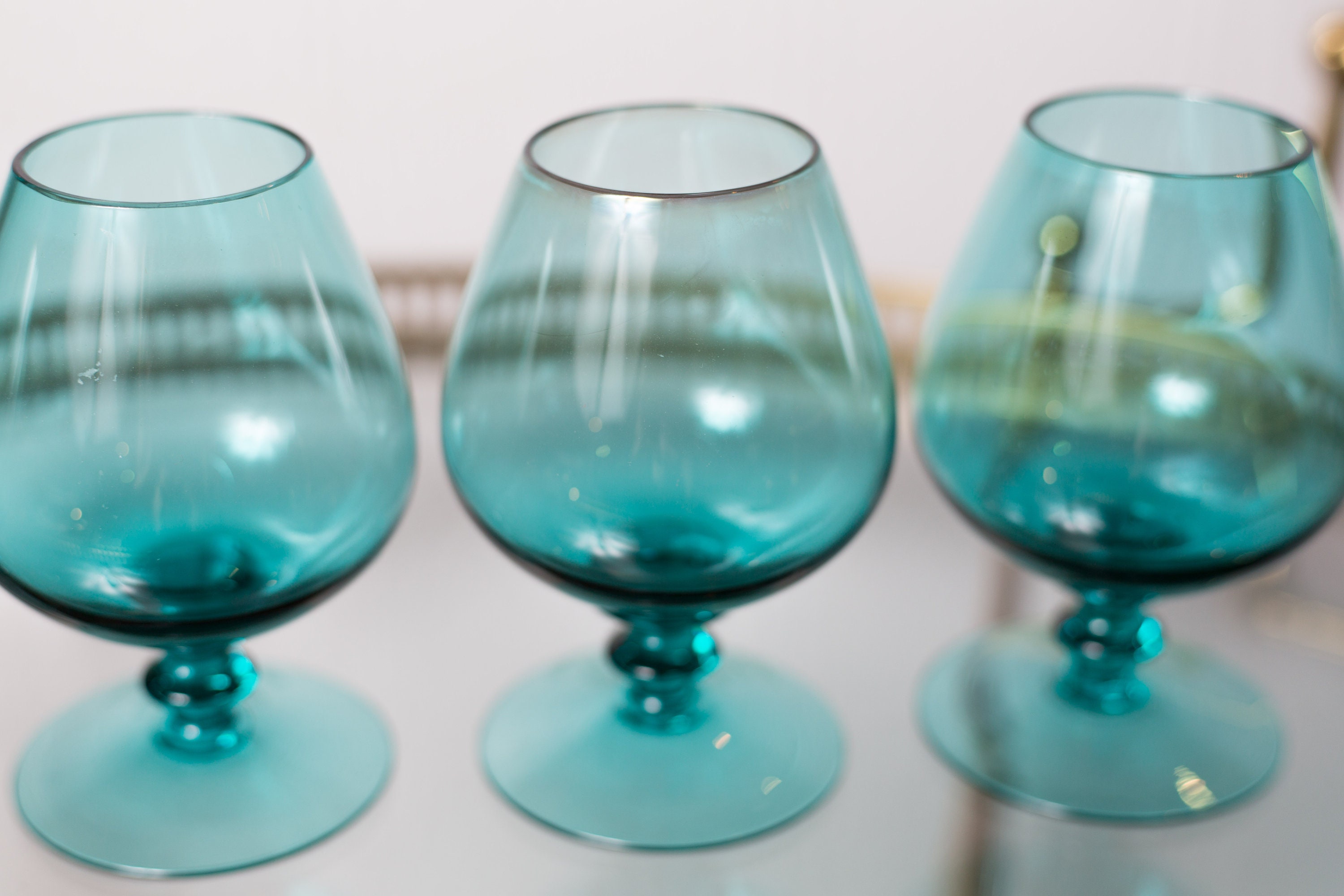 4 Aqua Blue Bar Glasses 8oz Small Vintage Tulip Shaped Stemware