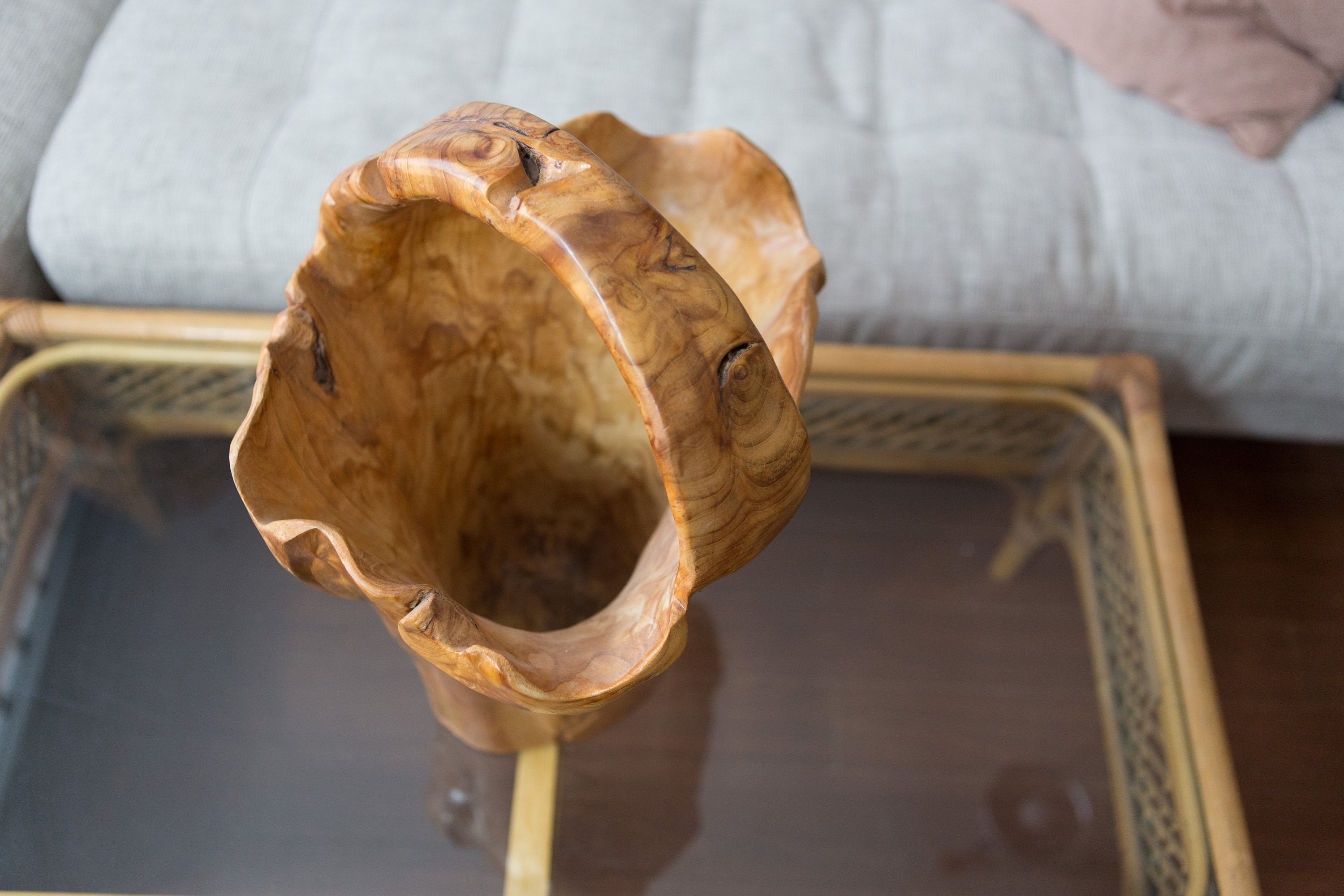 Vintage Wood Baskets Canadian Made Tree Stump Carving with Handle