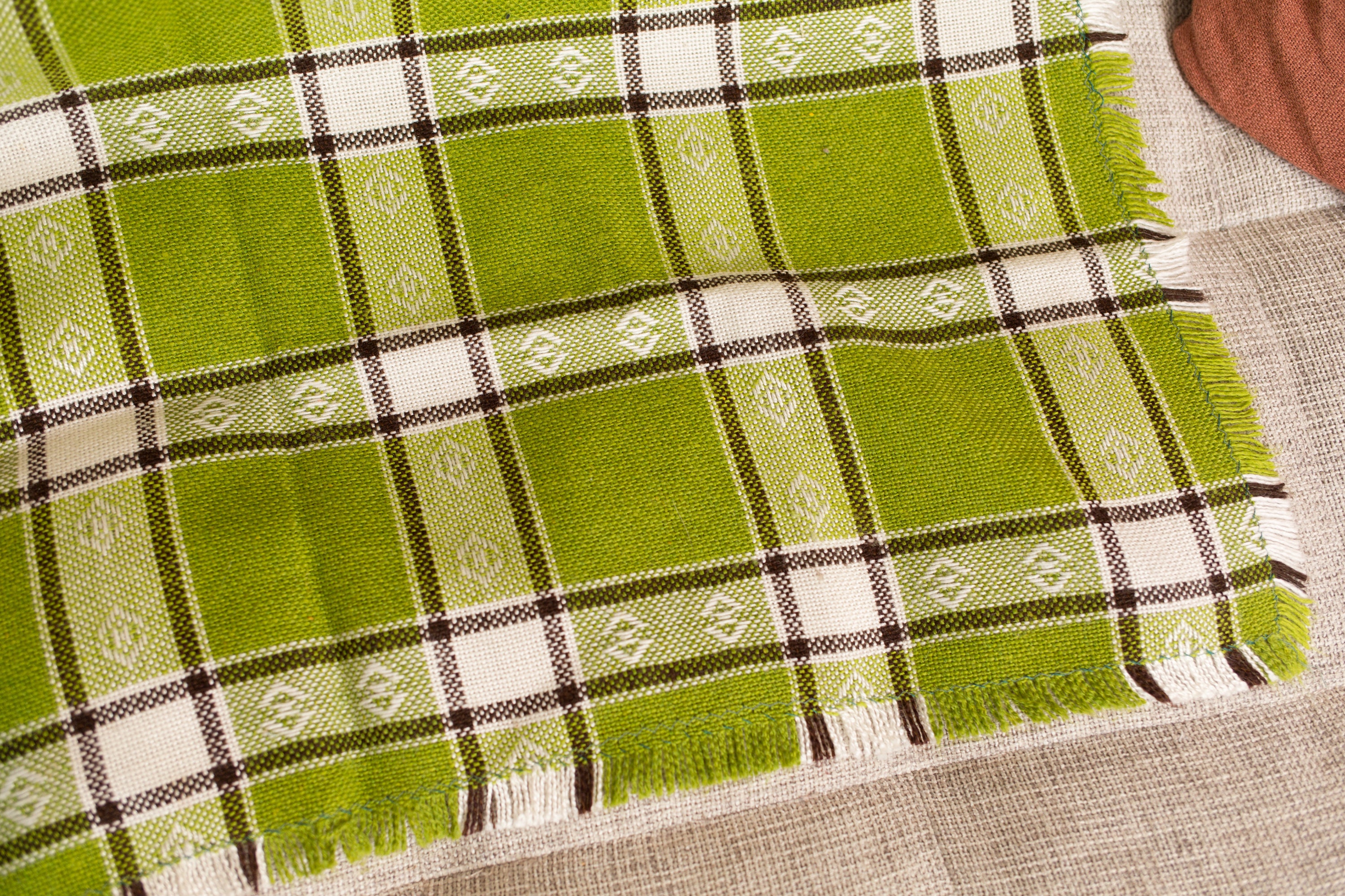Vintage Tea Towel Irish Linen Fabric Cloth with Green and Cream Checkered Pattern