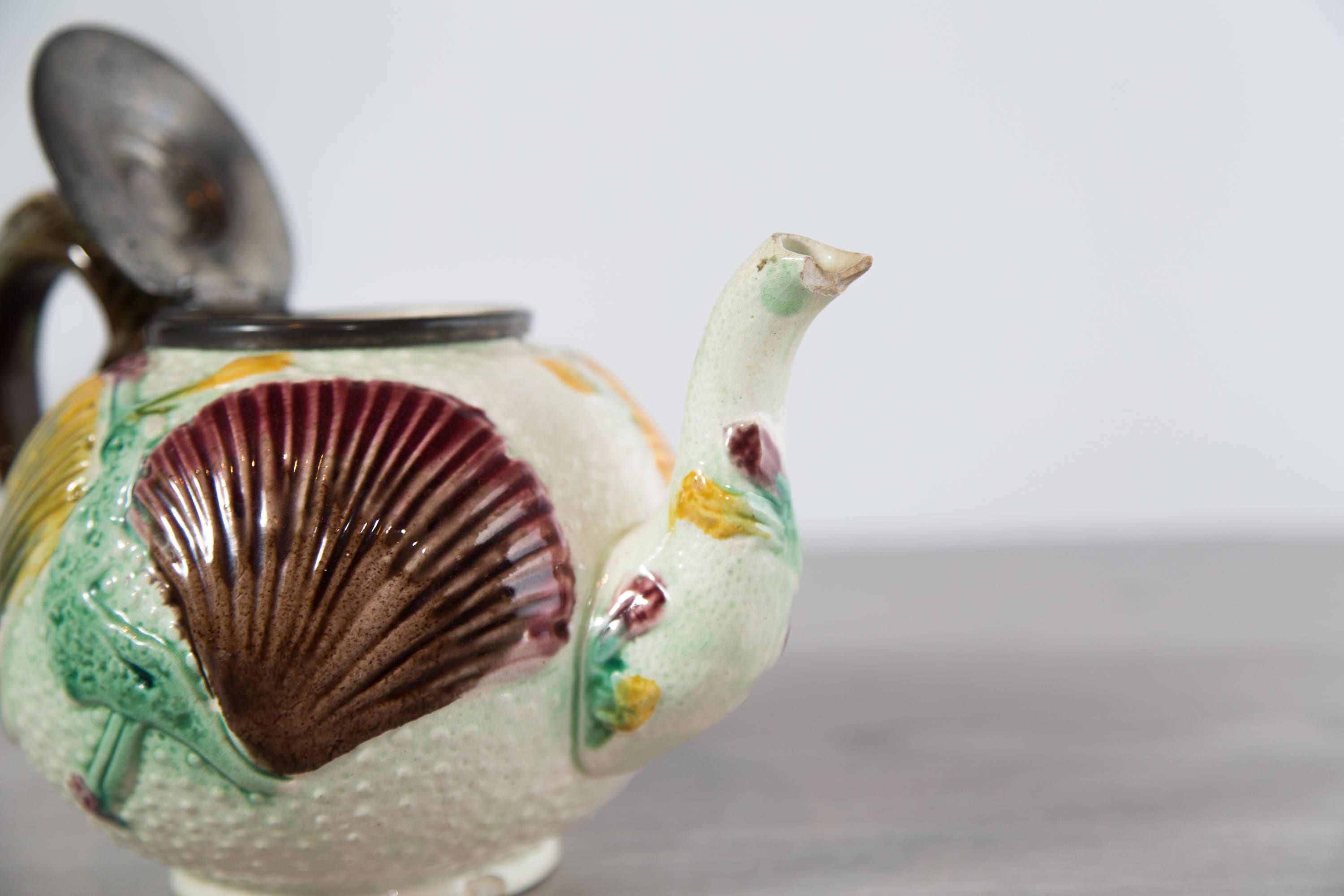Antique 1800's Teapot / Majolica Ceramic Seashell Teapot with Pewter Hinged Lid / Vintage