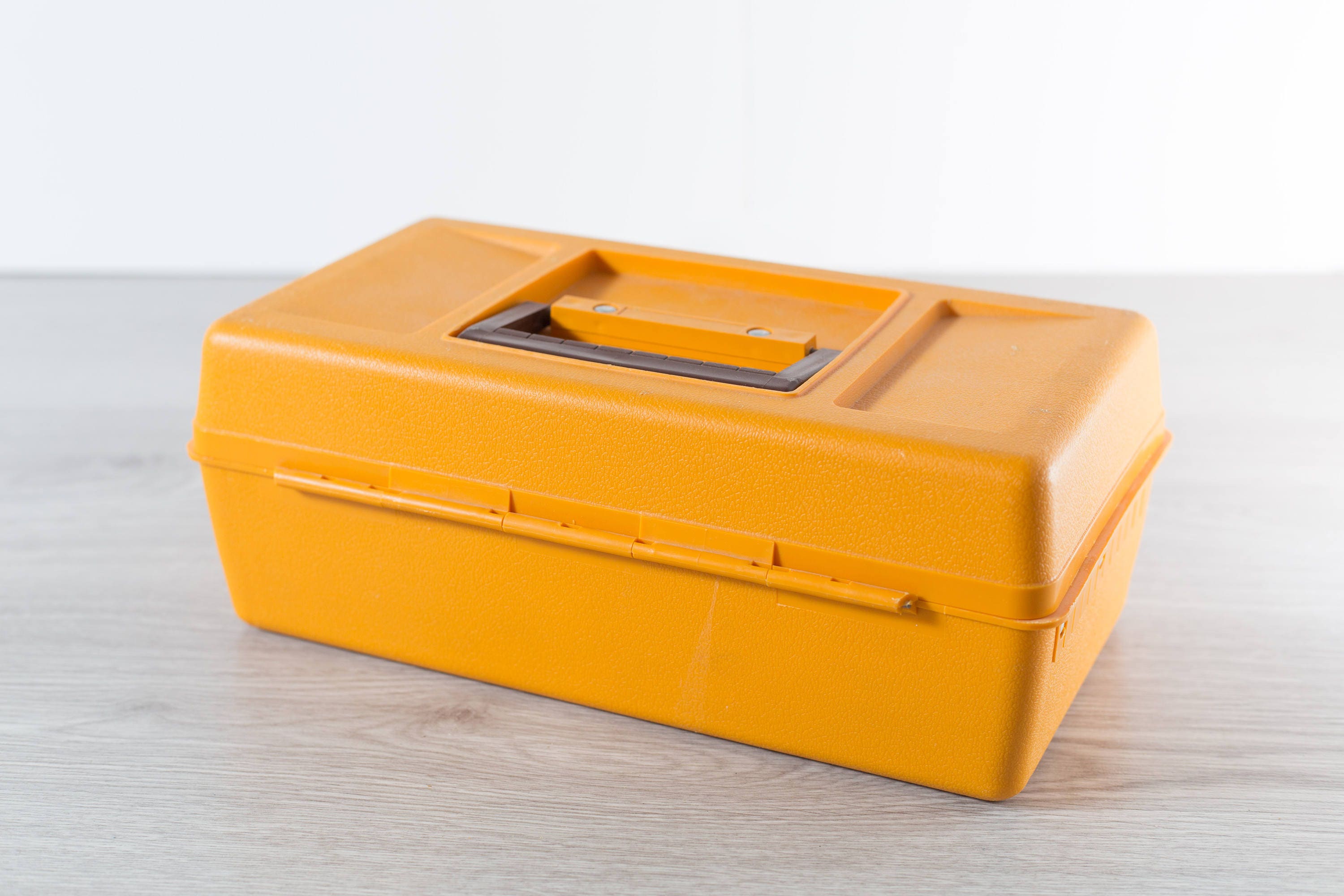 Vintage Tackle Box / Orange Yellow Fly Fishing Plastic Storage Box