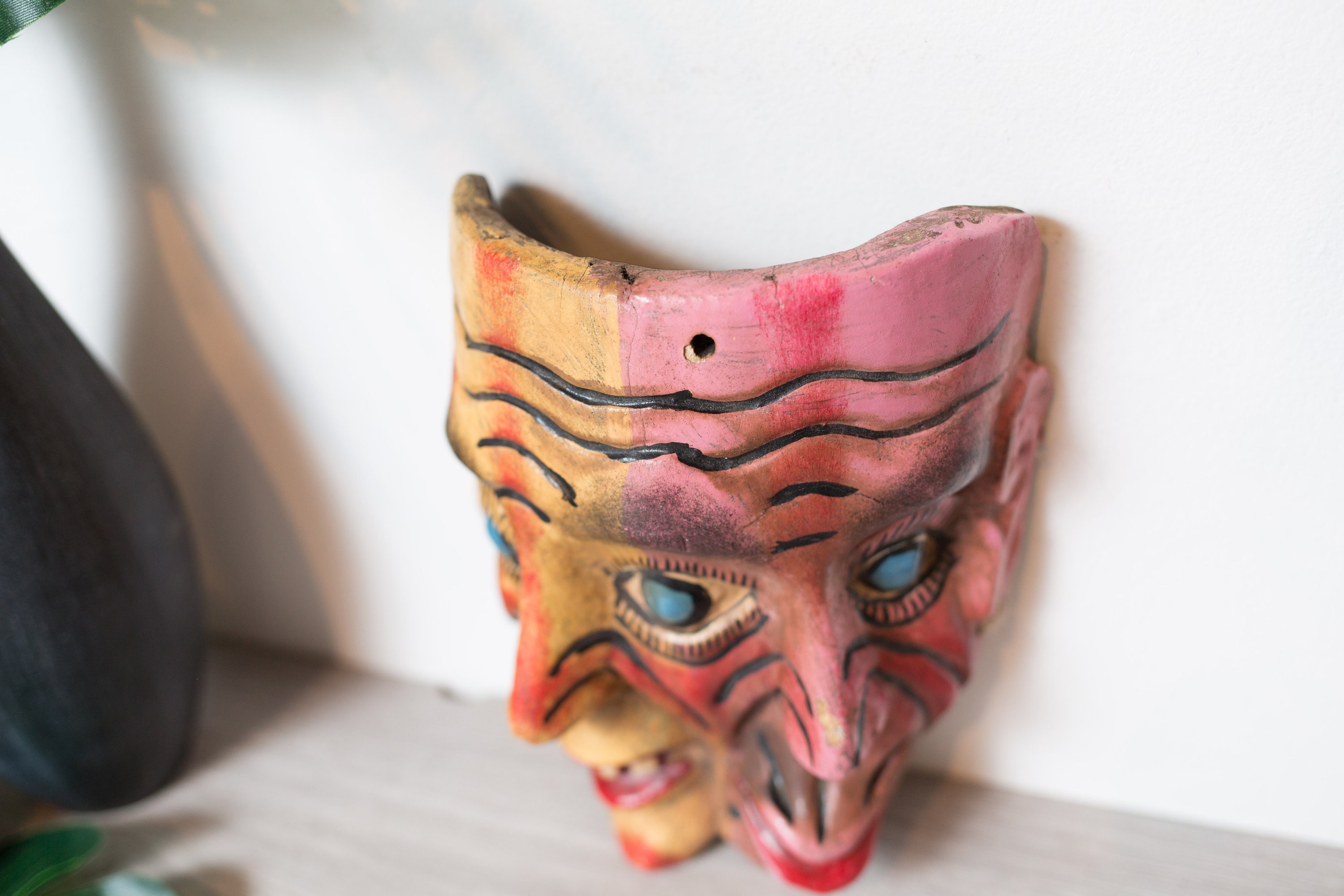 Vintage Wood Mask Wall Hanging Carved Face Hand Painted Mexican Two