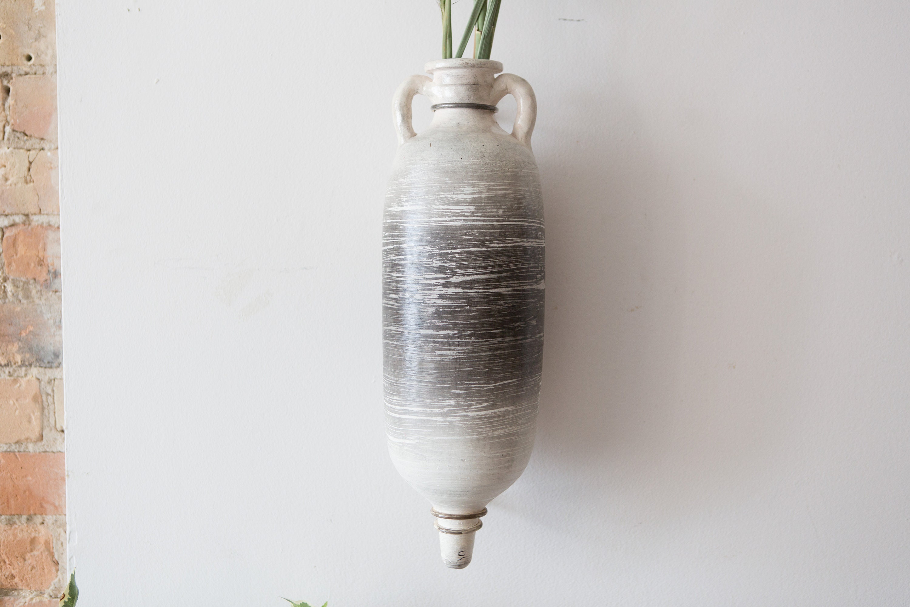 Vintage Wall Vase White and Grey Coloured Ceramic Vessel Vase with
