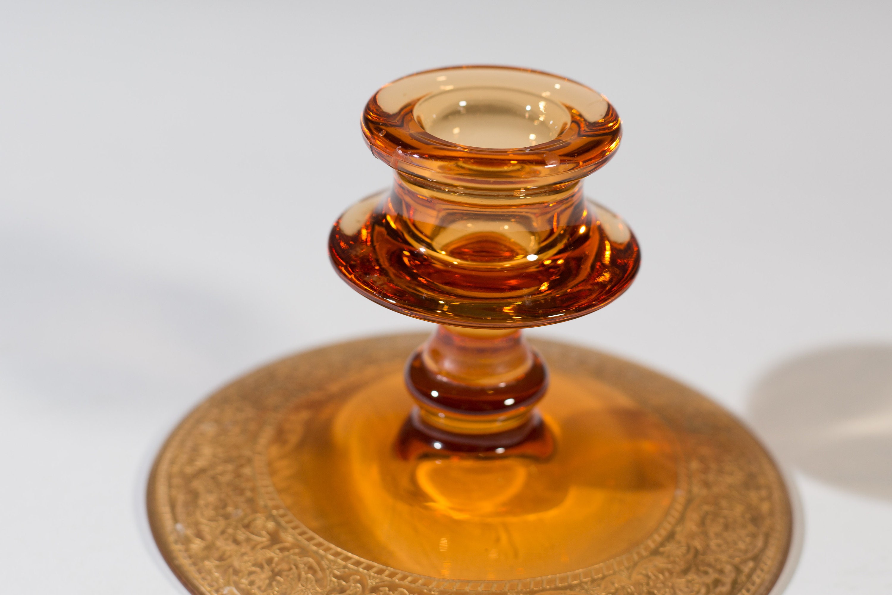 Amber Candlestick Holder Depression Glass with Ornate Painted Base