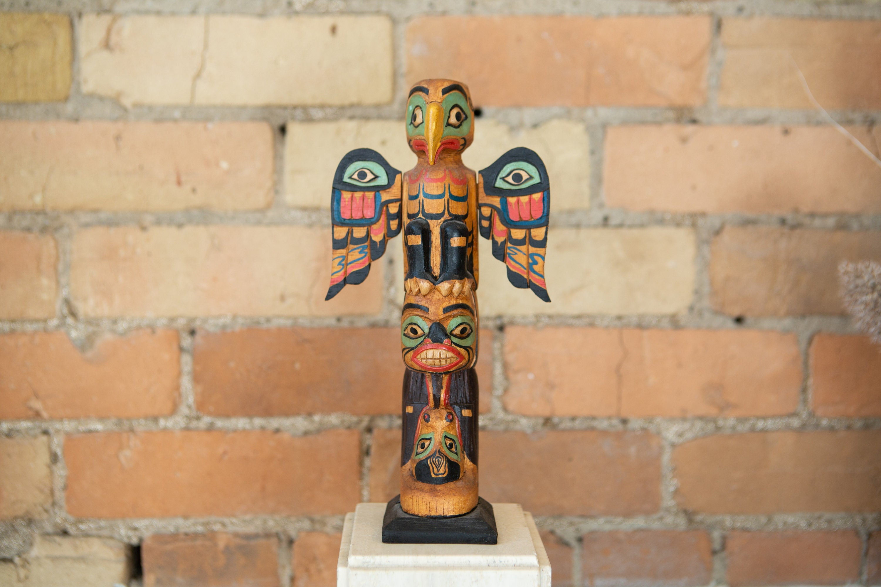 Small Wood Totem Pole Hand Carved Canadian Souvenir North Coast