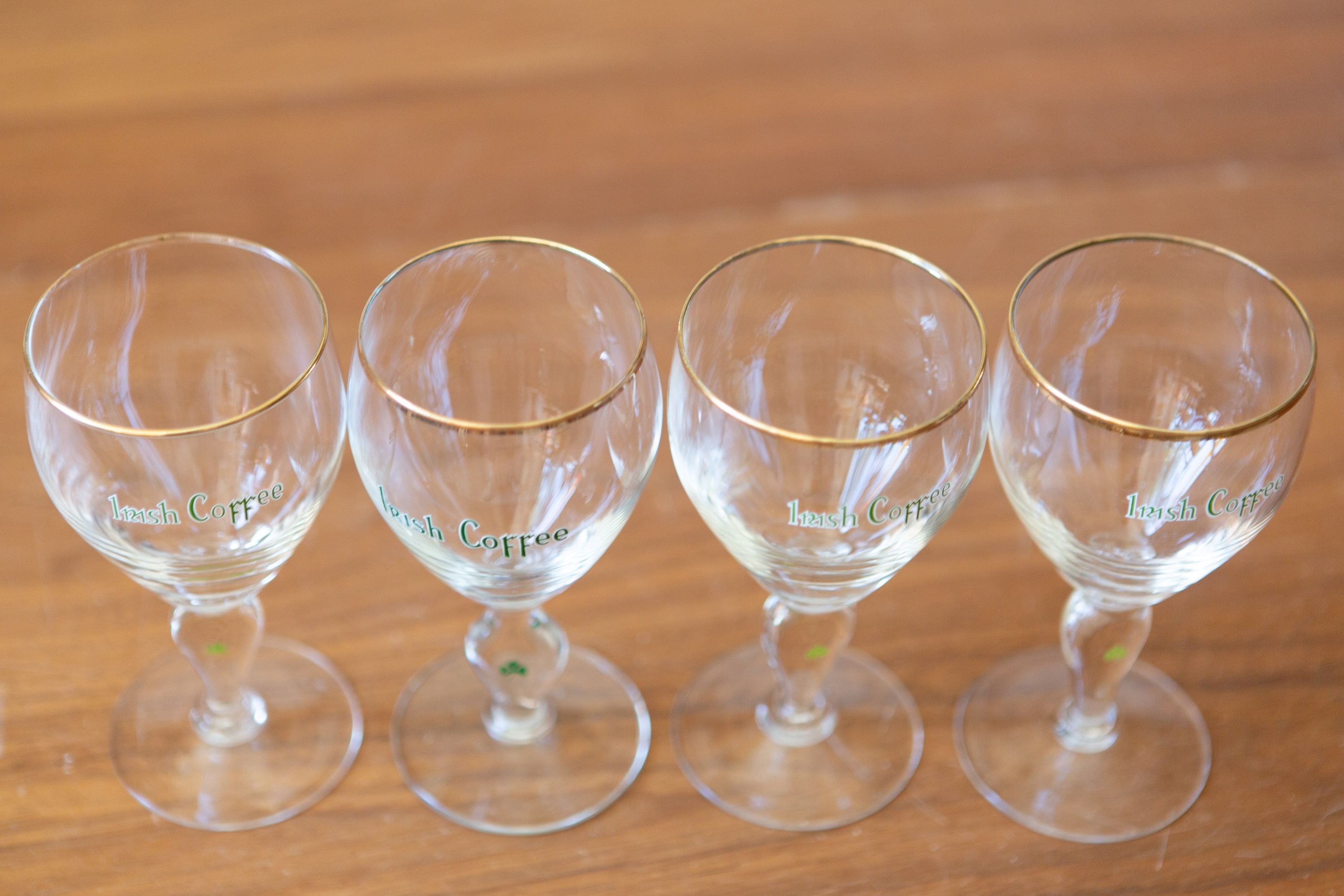 4 Irish Coffee Glasses Vintage Gold Rim Lucky Charm Specialty Coffee Stemware Father's Day