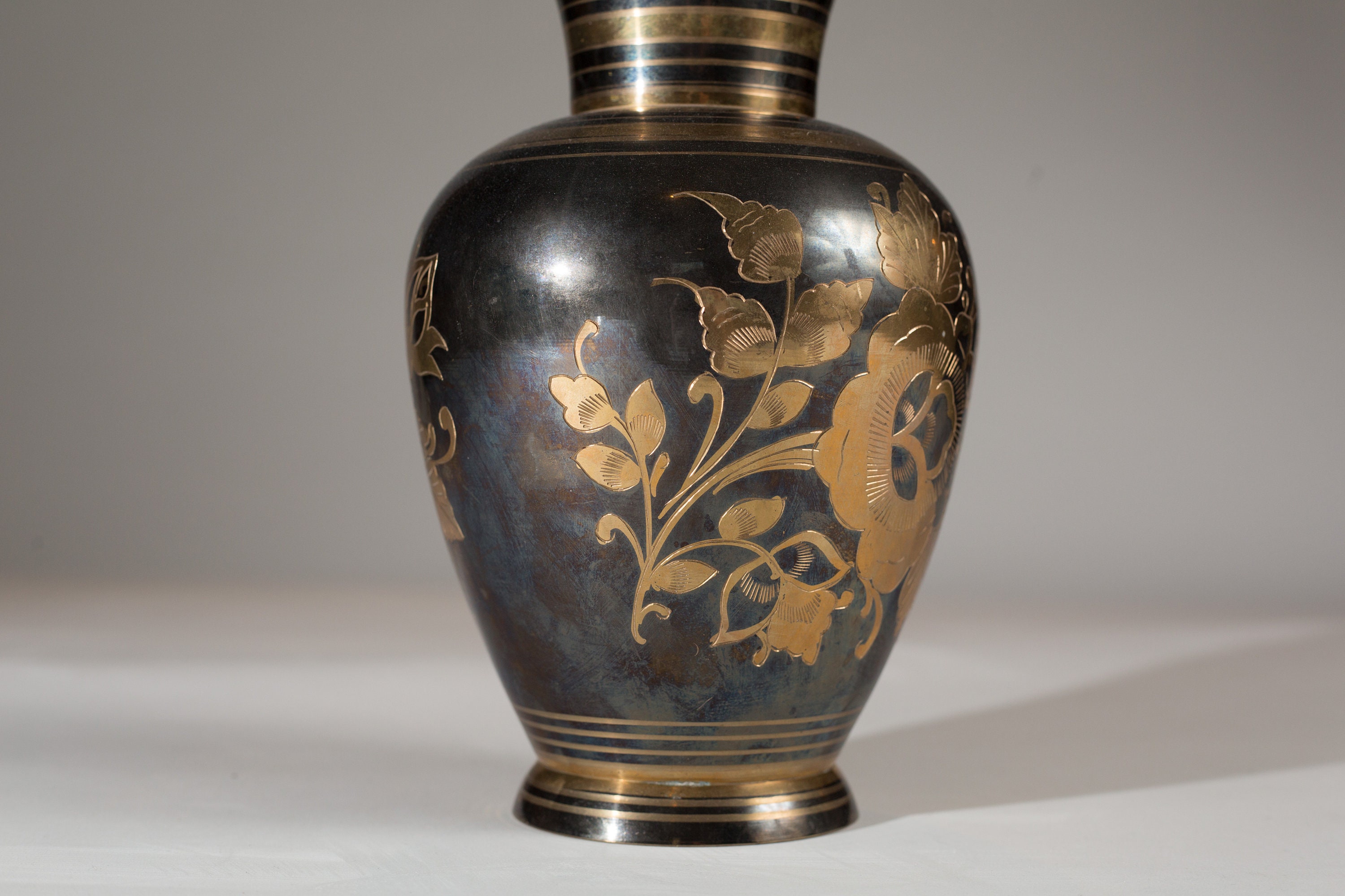 Vintage Brass Vase Ornate Floral Silver and Gold Colored Etched Bubble Vase Large Metallic