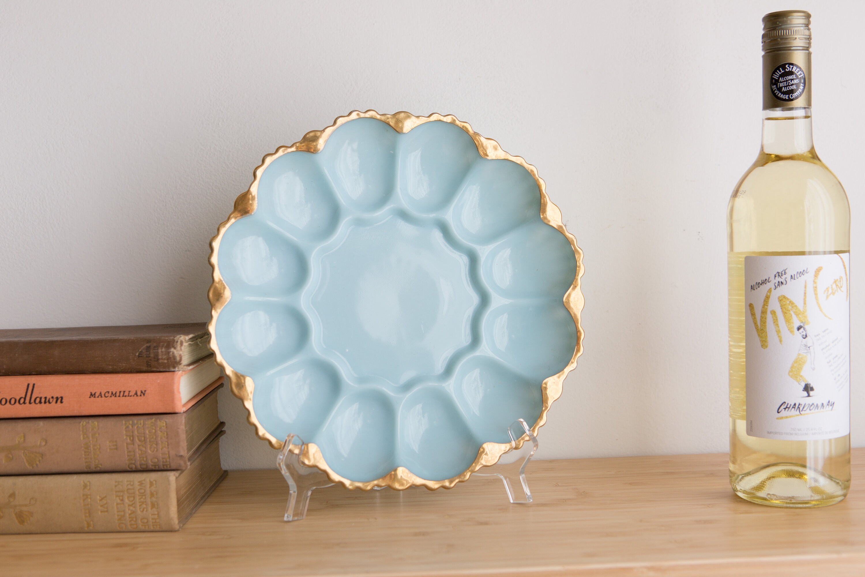 Vintage Deviled Egg Plate Blue Milk Glass Anchor Hocking Serving