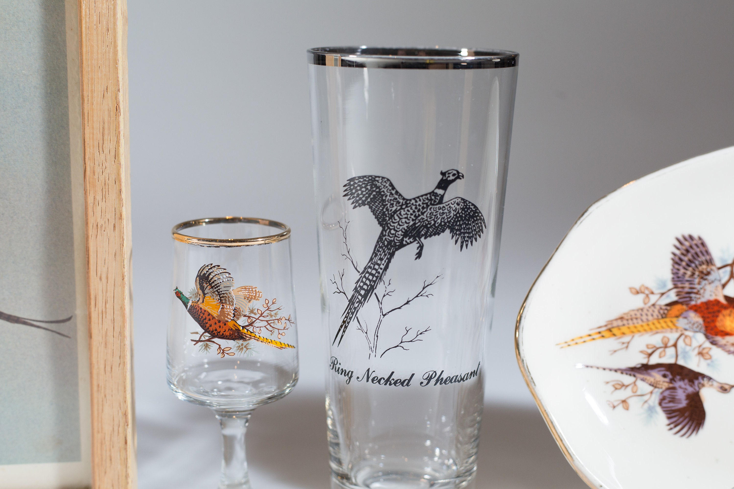 Vintage Pheasant Glasses, Plate, and Lithograph Collectible Flying