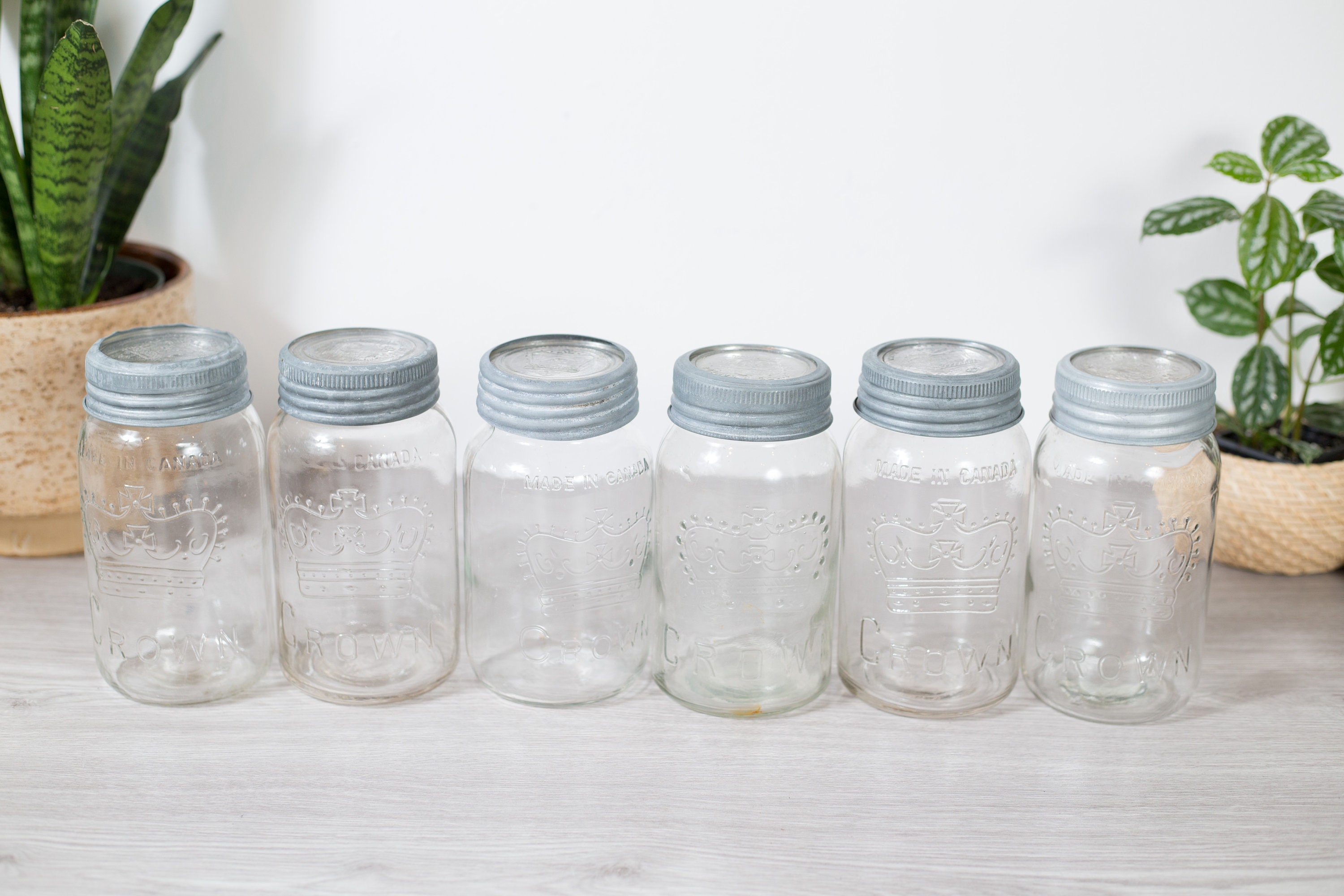 6 Mason Jars Canadian Glass Crown Emblem Canning Jars with Clear