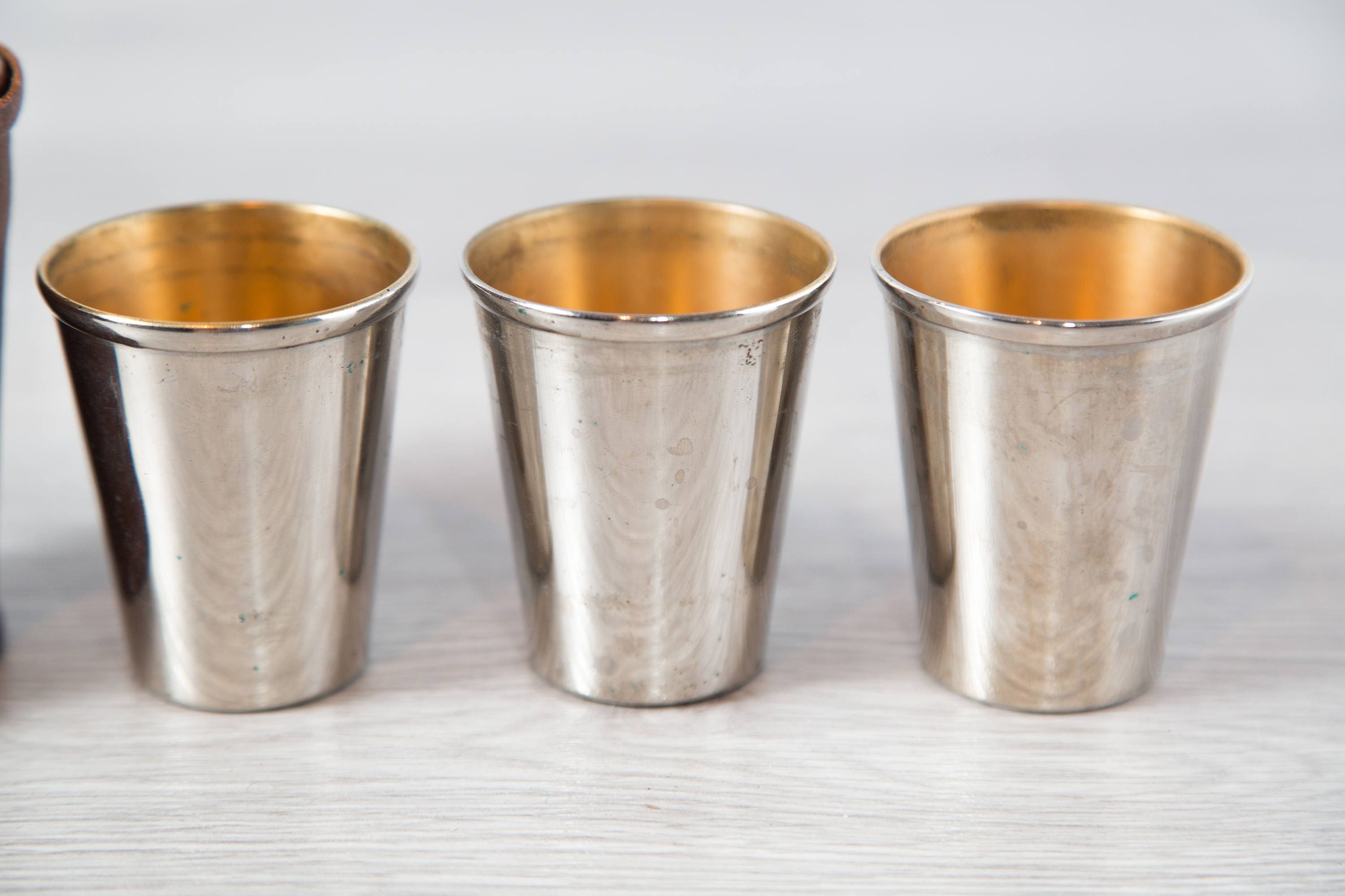 Vintage Travel Cups / Metal Cups with Leather Encasing / Camping Cups