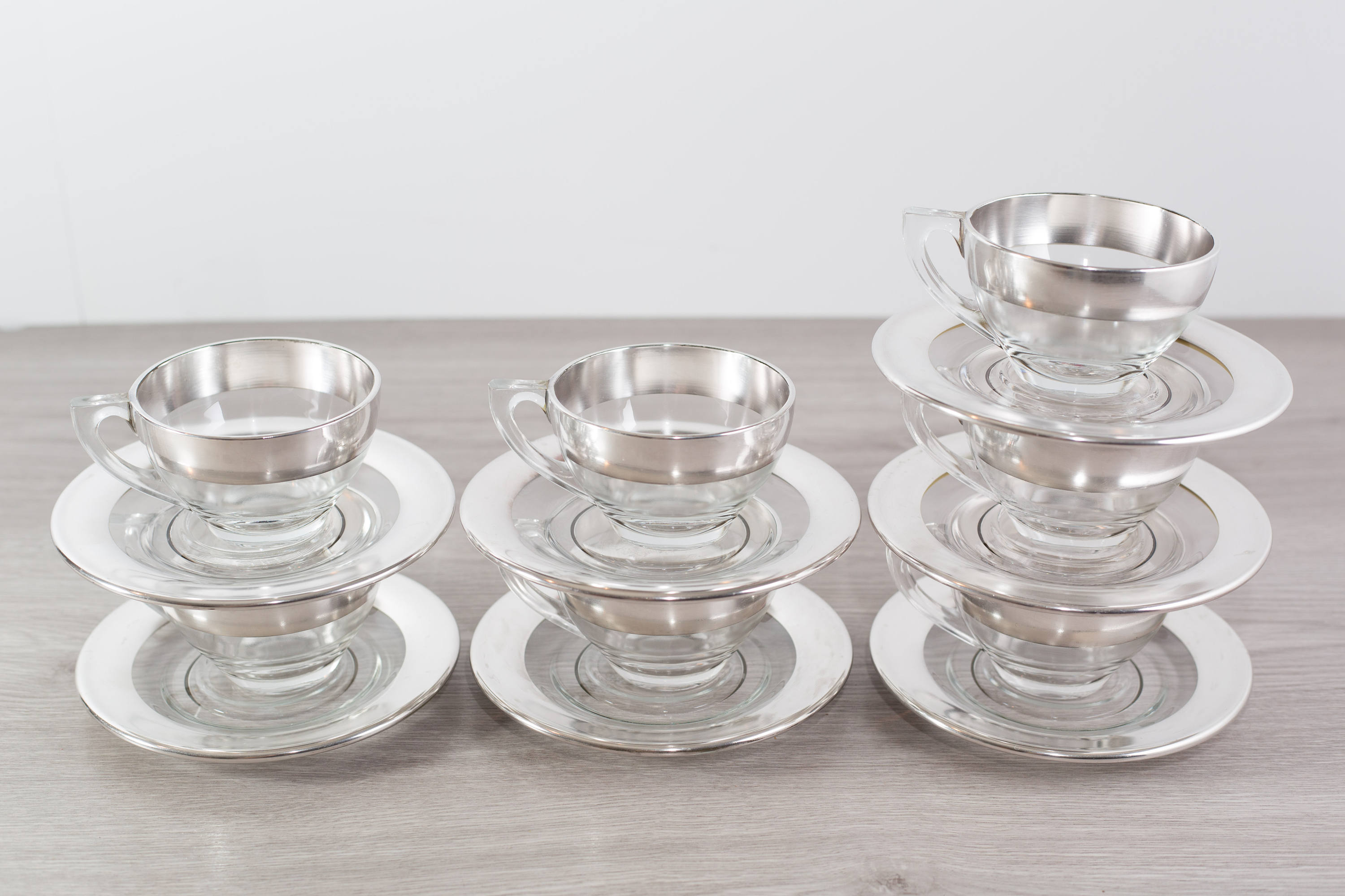 Glass and Silver Teacups / Set of 7 Vintage Silver Banded Tea Cups and