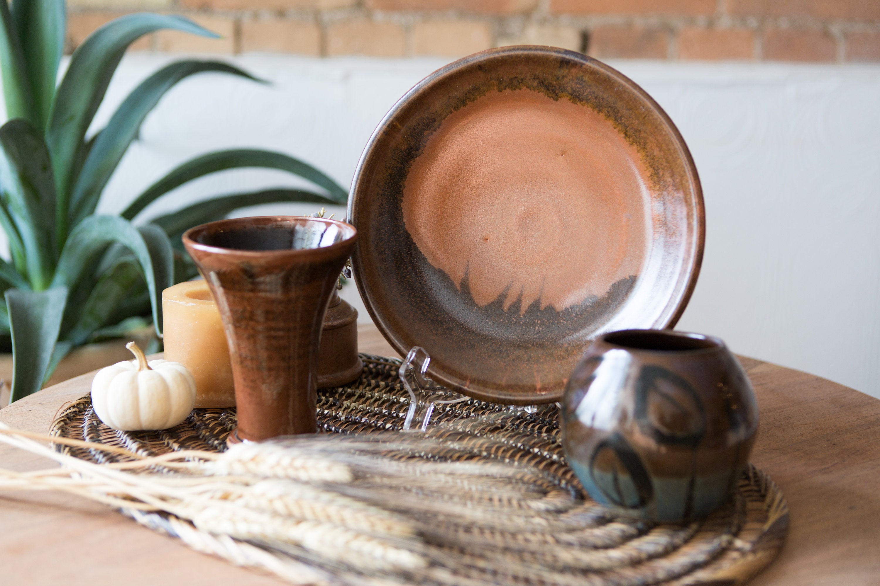 3 Vintage Glazed Ceramics Brown Bowl, Vases Signed by Artists