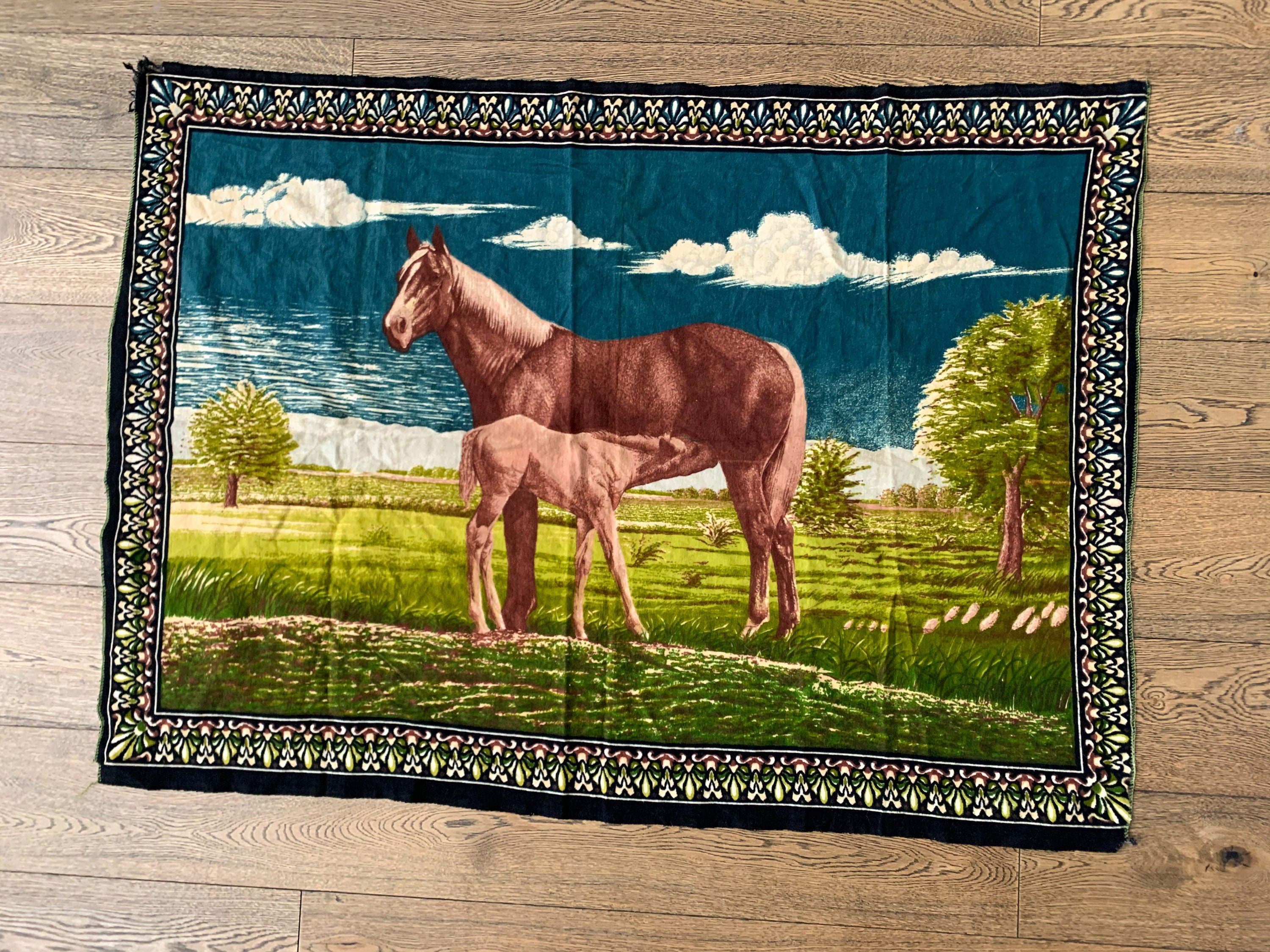 Vintage Horse Tapestry Wall Hanging 1970's Country Landscape Wild