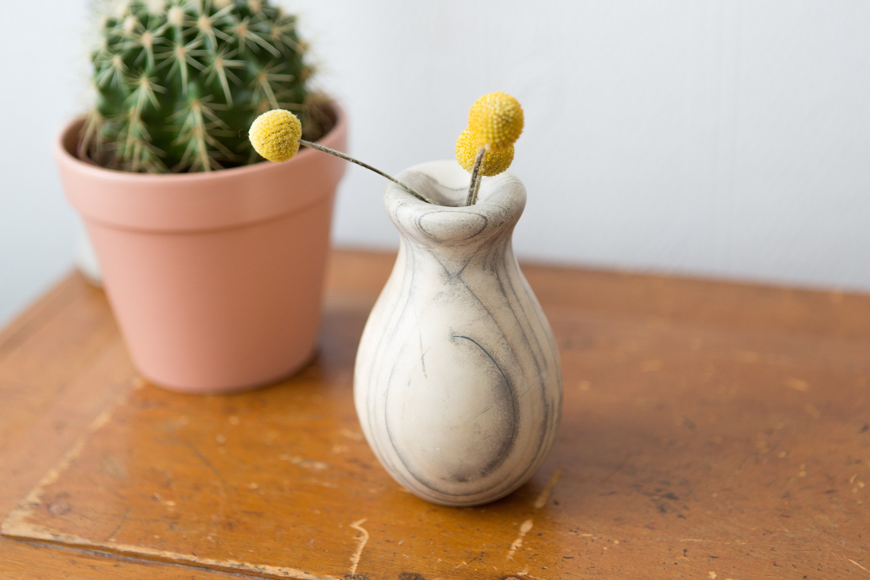 Marbled Stone Vase Cream Coloured Alabaster Bud Vase with Painted