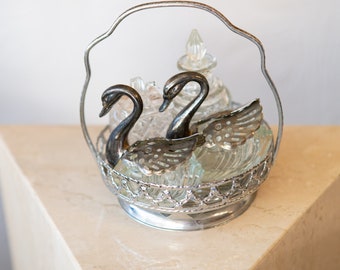 Vintage Silver and Glass Salt Swans Set with Clear Glass Spice jars and Carrier- Silver Birds - Vintage Victorian / Art Deco Tableware Decor