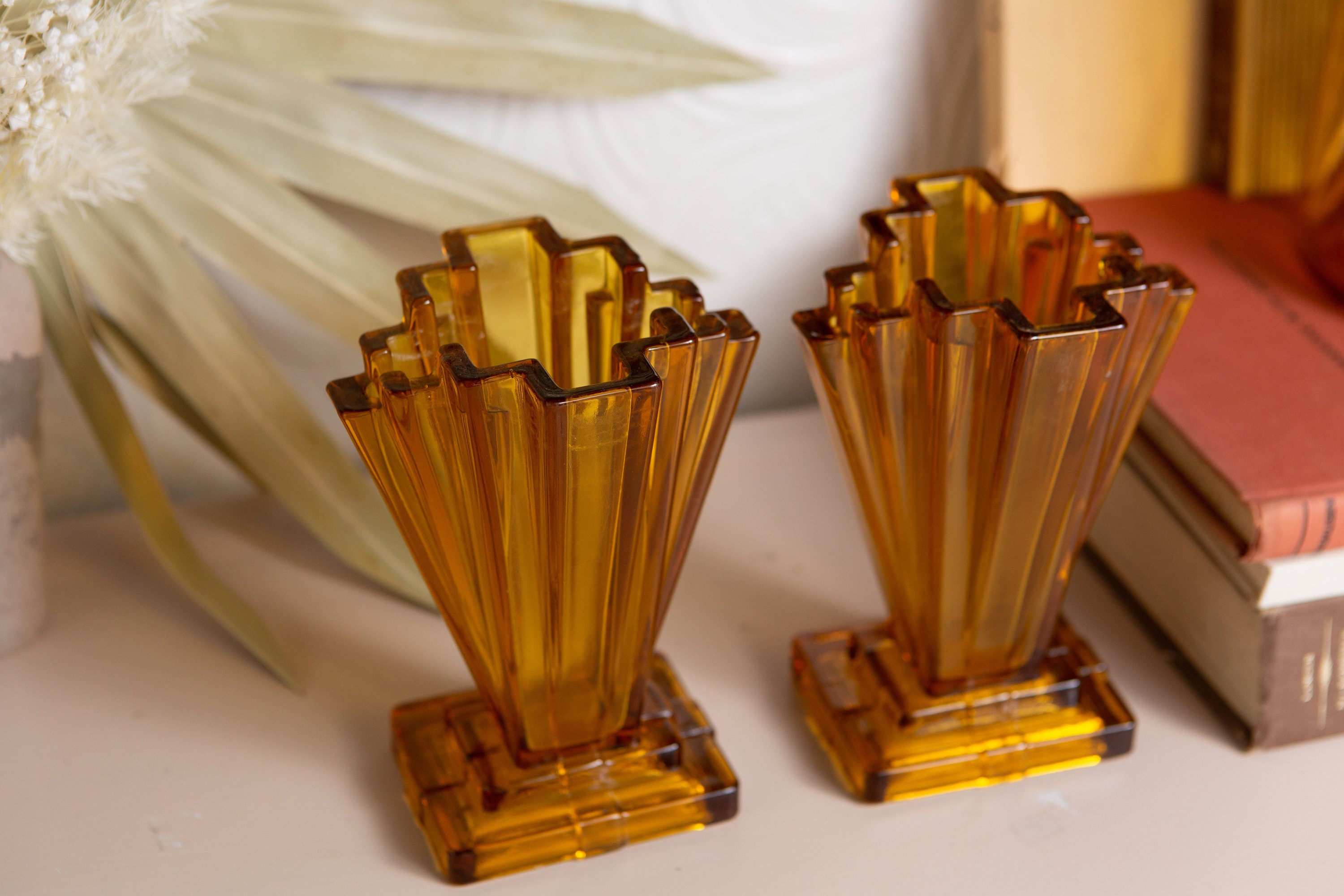 1930's Art Deco Amber Glass Vases x2 Antique Bagley Grantham