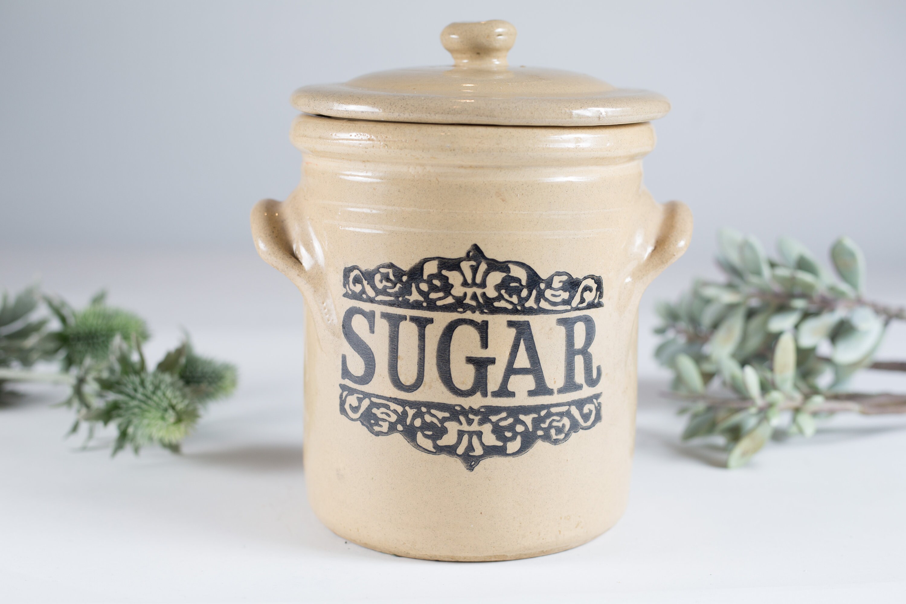 vintage Sugar Canister with Retro Lettering Farmhouse Country Decor Handmade Pottery Jar