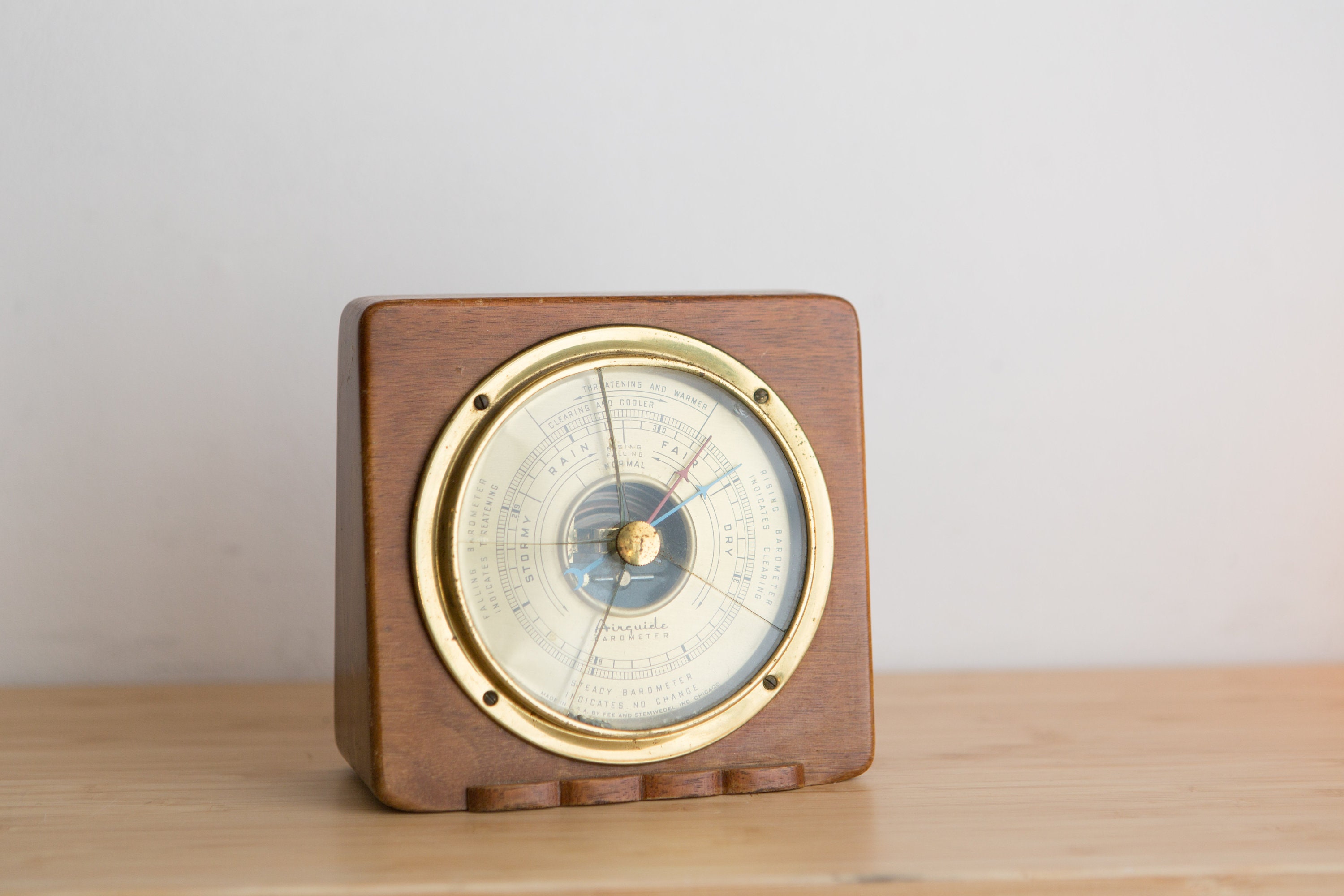 Airguide Wall Barometer 1930's Vintage Brass and Wood Barometer