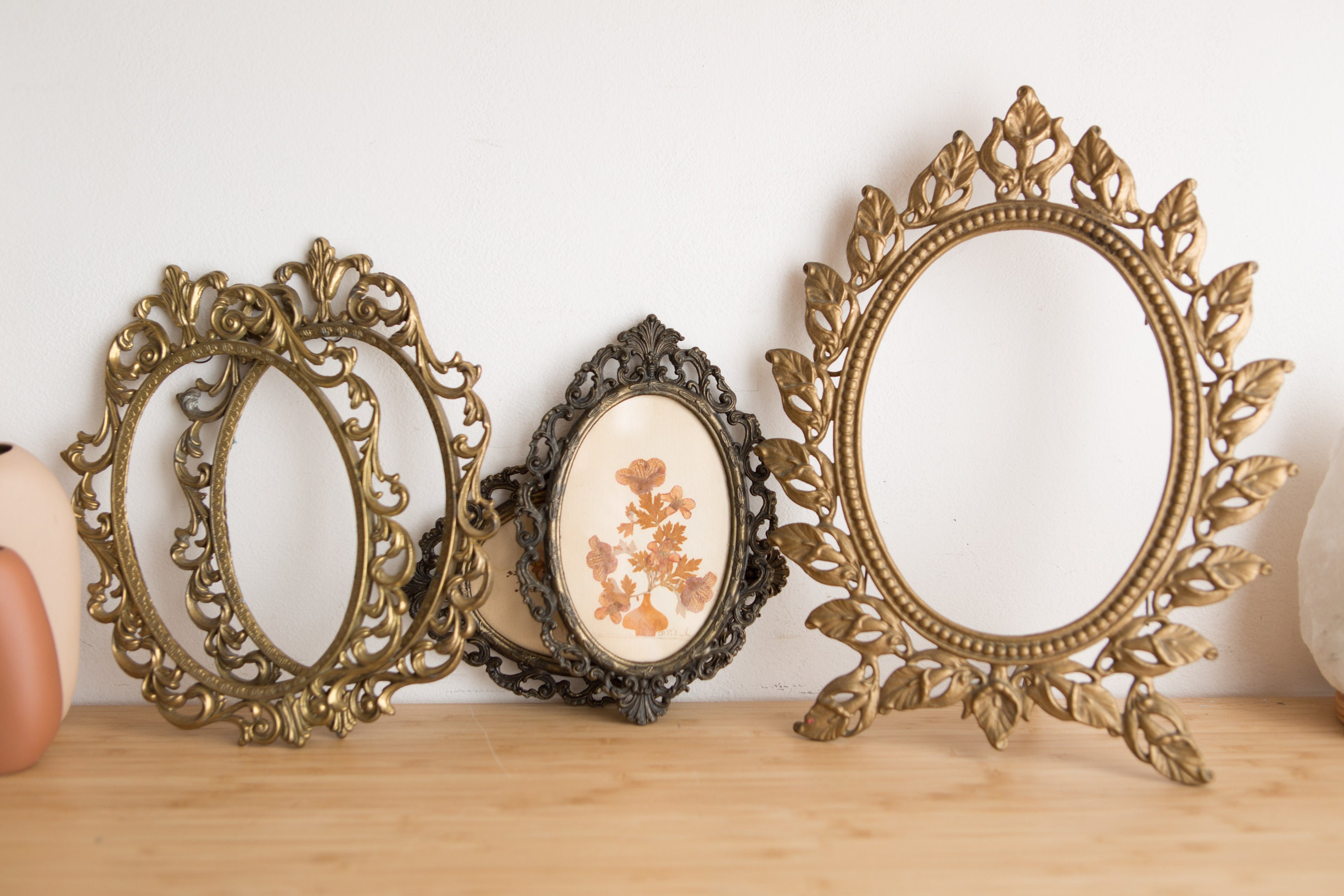 Vintage Oval Frames - 5 Gold and bronze Colored Small Metal Picture Frames