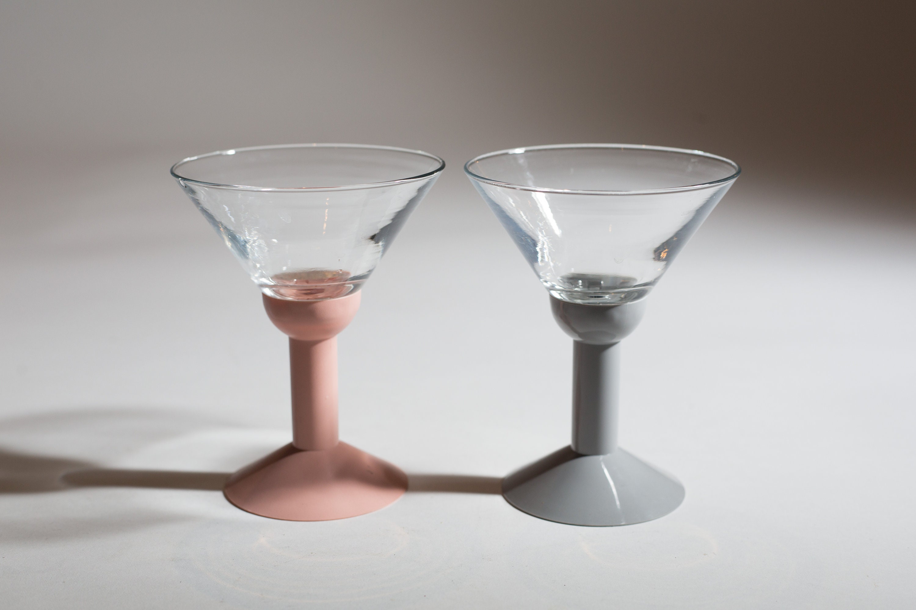 2 Vintage Martini Glasses with Plastic Pink and Grey Base 5.5 oz