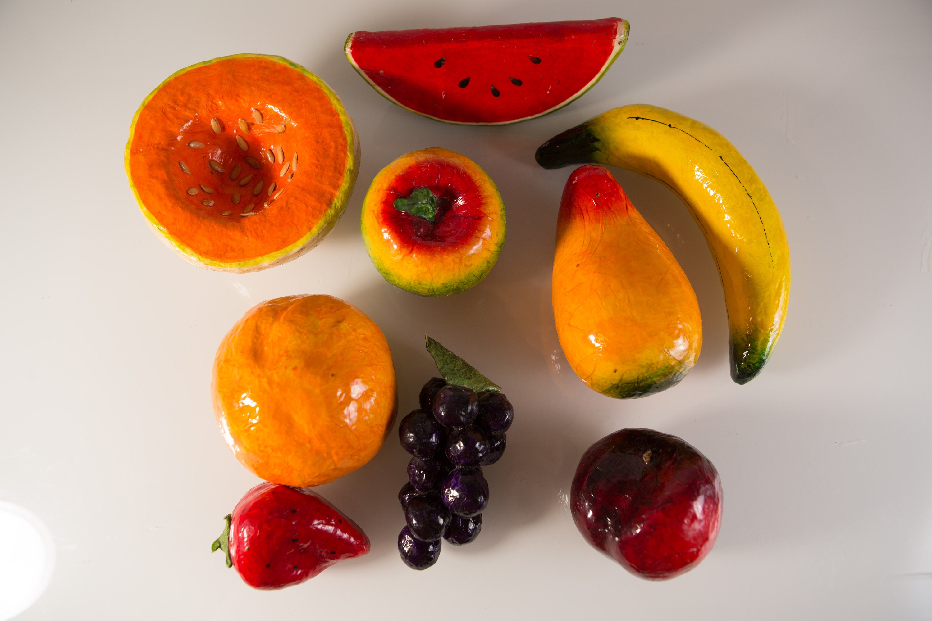 Paper Mache Fruit 9piece Set of Vintage Handmade and Painted Mexican