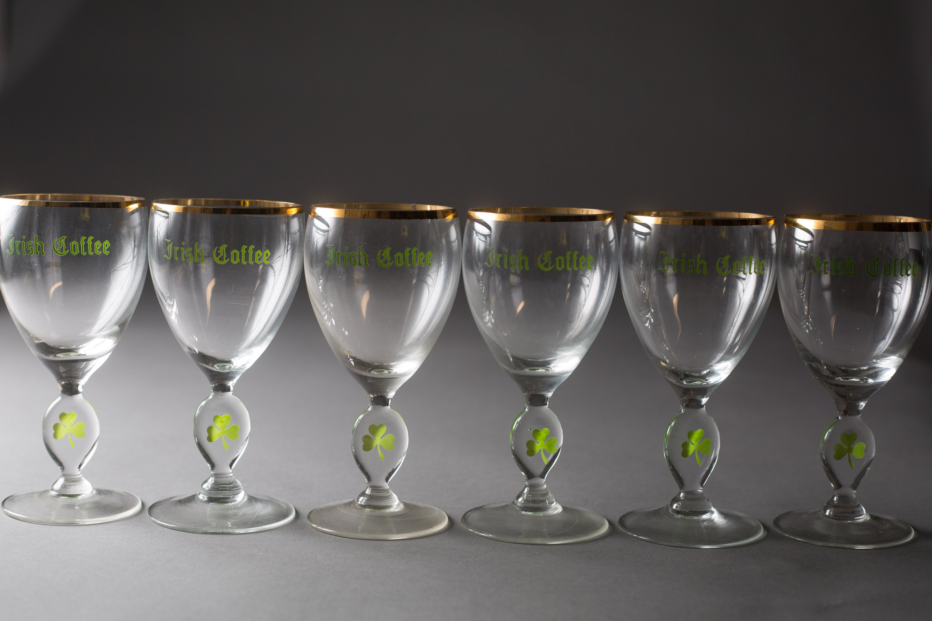 Irish Coffee Glass Vintage Gold Rim Four Leaf Clover Specialty Coffee Stemware Mid Century