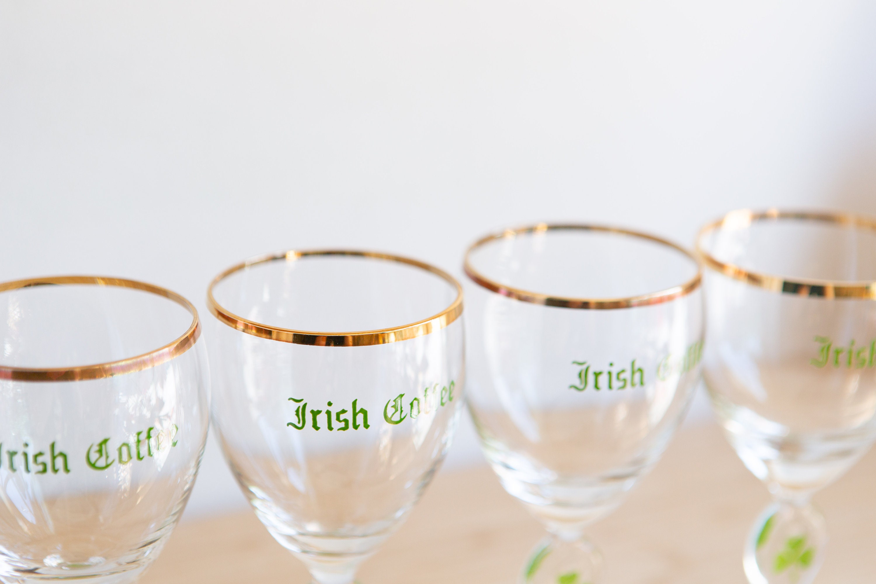4 Irish Coffee Glasses Vintage Gold Rim Lucky Charm Specialty Coffee Stemware Father's Day